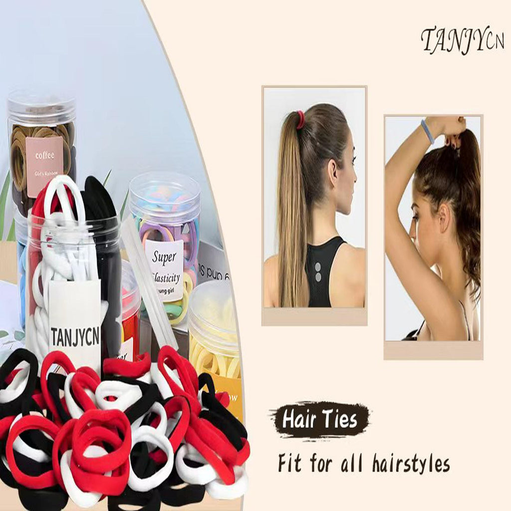 100 Pcs Hair Ties,Thick Seamless Hair Ties Boxed,Ponytail Holders Hair Accessories No Damage for Thick Hair, High elastic Hair ties for women, Hair tie for travel, Hair bands (Black-White-Red)