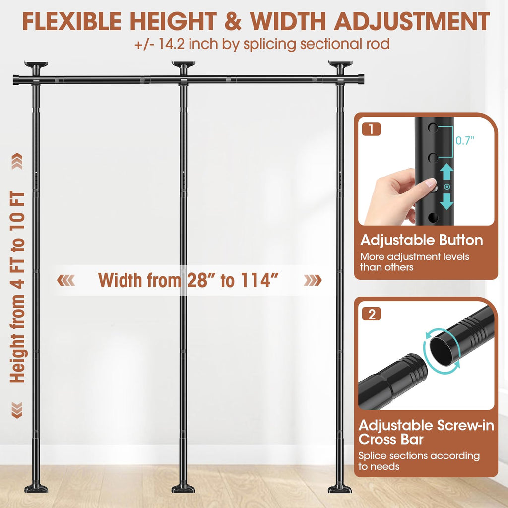SUNALLY Room Divider No Drilling Curtain Rod Wall Divider for Room Separation, 4-10ft(H) 28-114inch(W) Adjustable, Heavy Duty Partition Space Separator Freestanding Tension Curtain Stand, Black