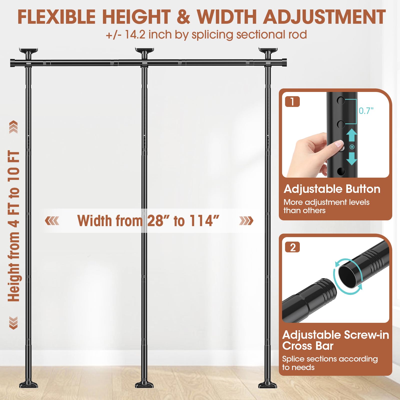 SUNALLY Room Divider No Drilling Curtain Rod Wall Divider for Room Separation, 4-10ft(H) 28-114inch(W) Adjustable, Heavy Duty Partition Space Separator Freestanding Tension Curtain Stand, Black