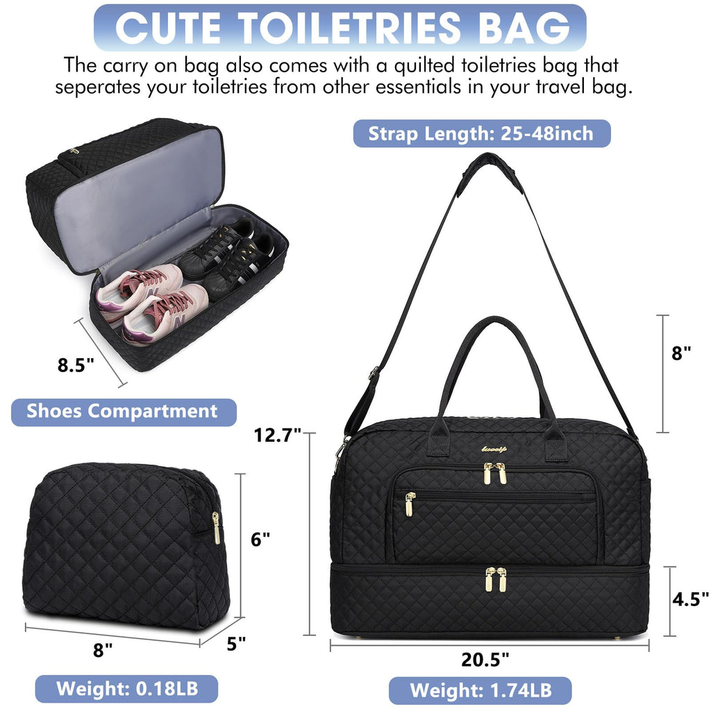 LUOCIP Large Women Travel Duffle Bag, Carry on Bag with Wet Toiletry Pocket for Overnight, Weekend, Yoga, Gym, Business Trips, Sport and Hospital, Black