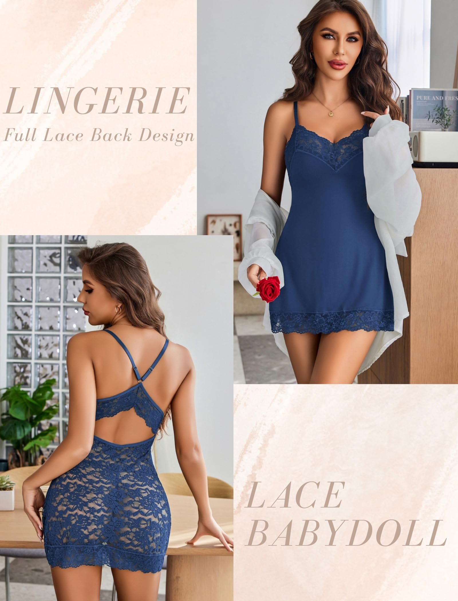 Avidlove Lingerie for Women Sexy Slutty Stripper Outfits Lace Babydoll Lingerie Dress V-Neck Sleeveless Nightgowns(Navy Blue,Large)