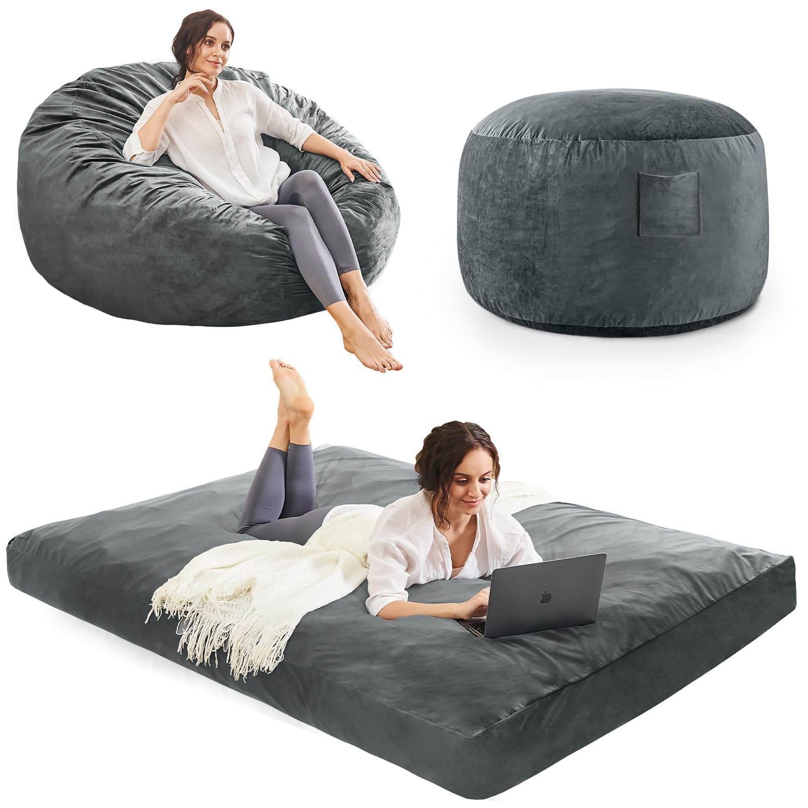 Bean Bag Chairs for Adults - Giant Bean Bag Chair Convertible Bean Bag Bed - Beanbag Chair with Micro Fiber Cover/Furniture Foam Filler - Floor Couch Sofa in Bedroom Dorm Room - Full Charcoal