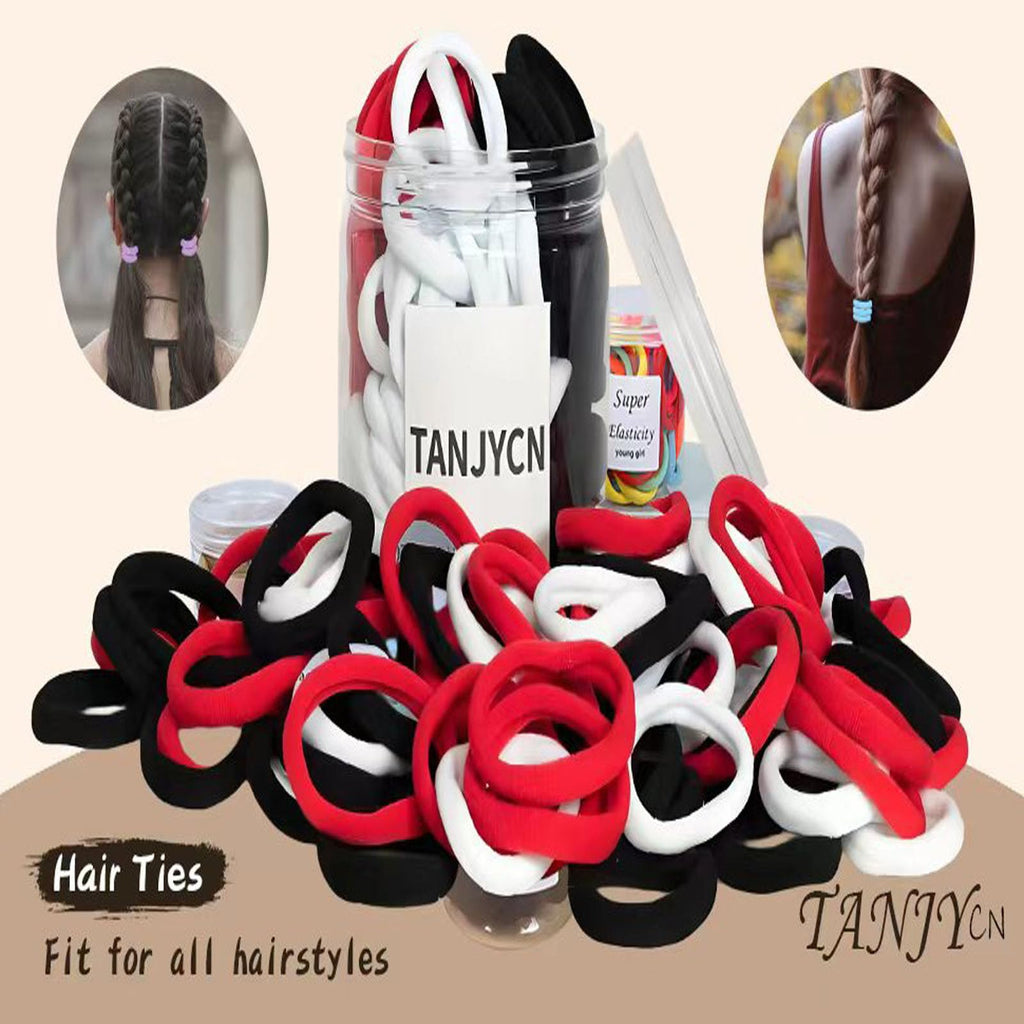 100 Pcs Hair Ties,Thick Seamless Hair Ties Boxed,Ponytail Holders Hair Accessories No Damage for Thick Hair, High elastic Hair ties for women, Hair tie for travel, Hair bands (Black-White-Red)
