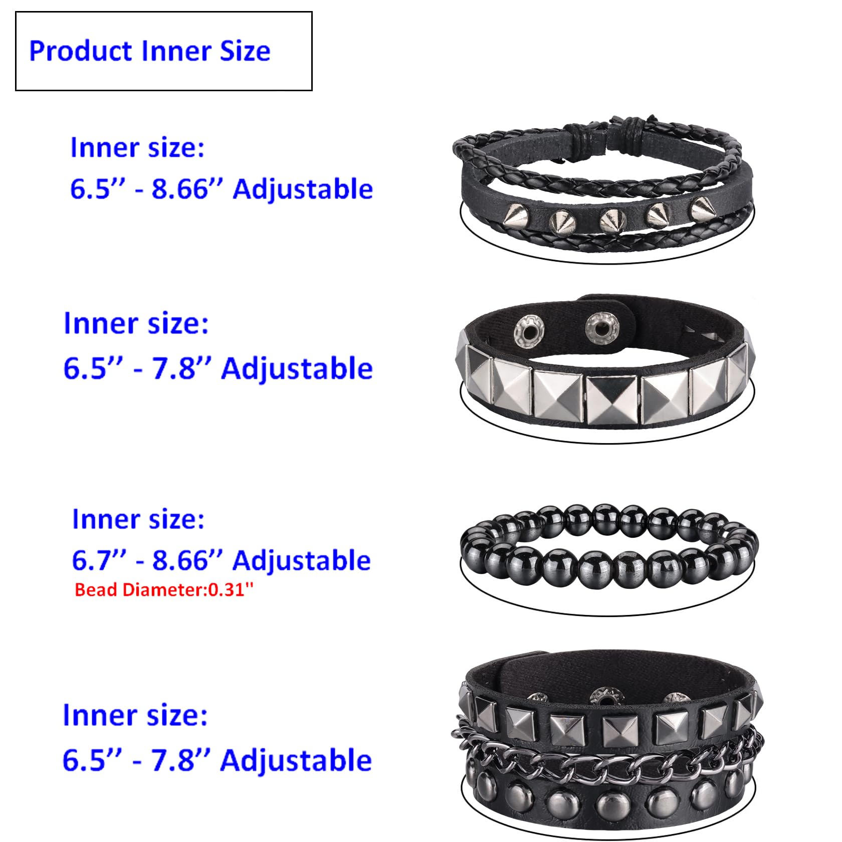 Ulekuke 4 Pcs Punk Rock Leather Studded Bracelets for Men Women 80s Gothic Spike Cuff Bracelet Set Emo Accessories for Rocker Outfits(BKQ-SR)