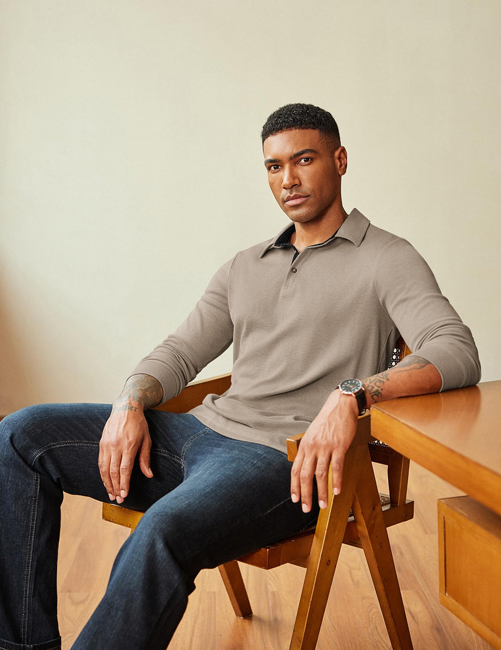 COOFANDY Mens Long Sleeve Polo Shirts Basic Casual Button T-Shirt Lightweight Pullover Shirts Khaki