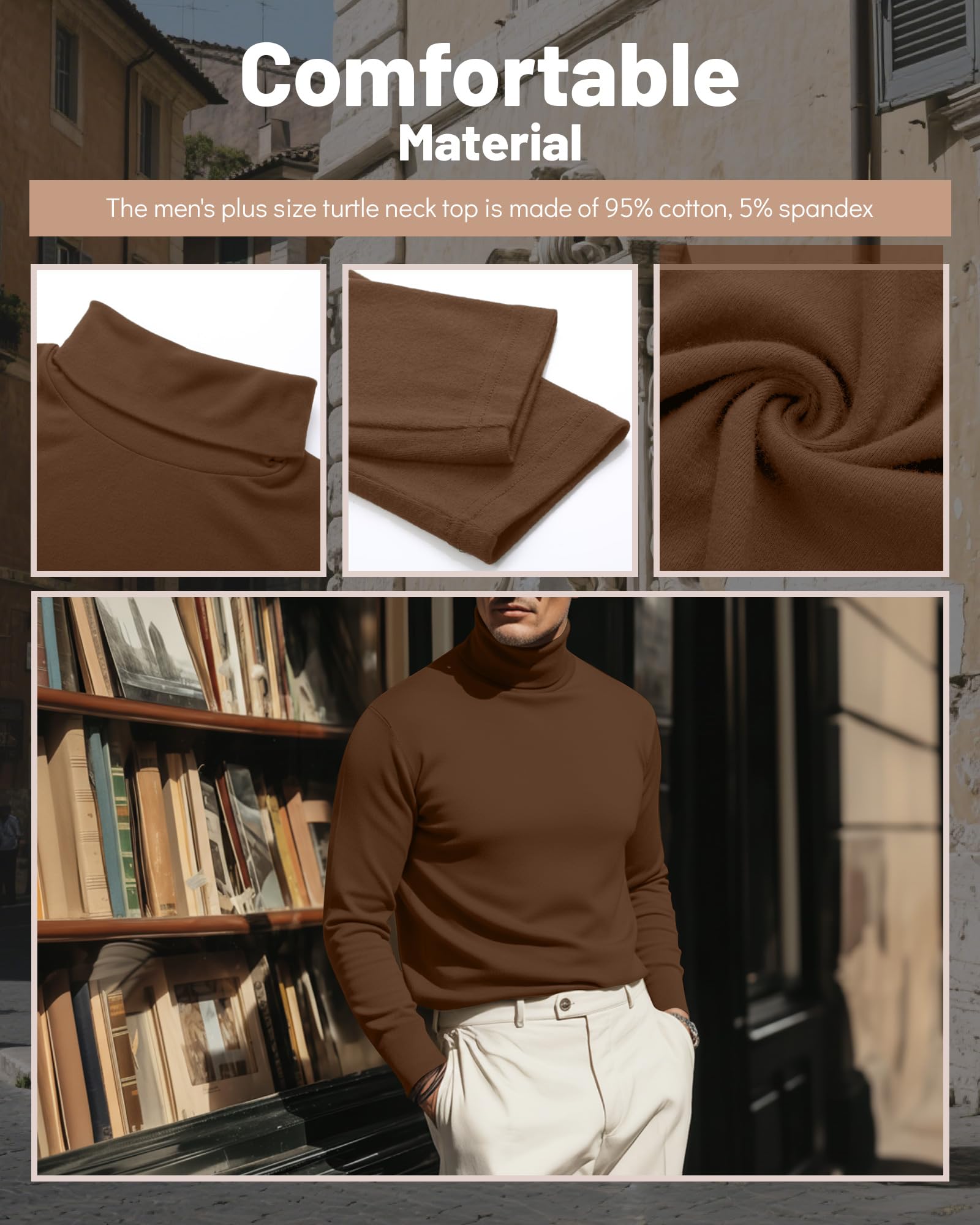 Ficerd 3 Pack Men's Big and Tall Turtleneck Shirts Cotton Long Sleeve Turtle Neck Tops Plus Size Loose Fit Basic Tee(Black, White, Brown,5X-Large)