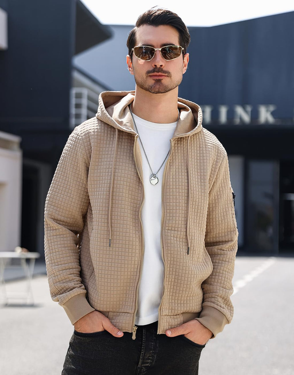 Wizoat Mens Zip Up Hoodie Full-Zip Sweatshirt Lightweight Loose Fit Hooded Jackets Khaki