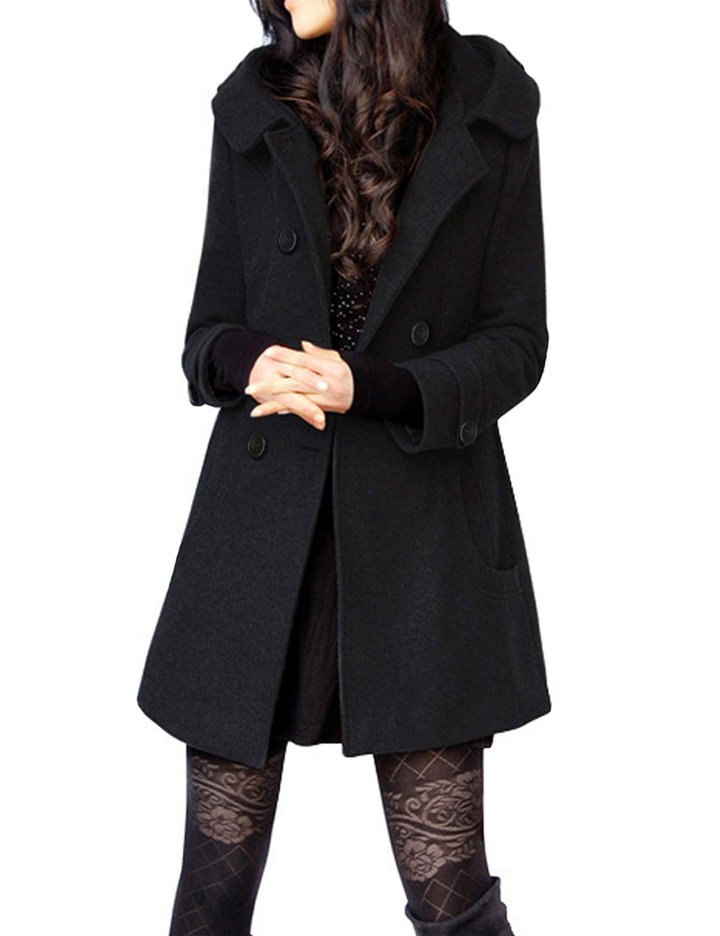 Tanming Women's Warm Double Breasted Wool Pea Coat Trench Coat Jacket with Hood (Black-M)