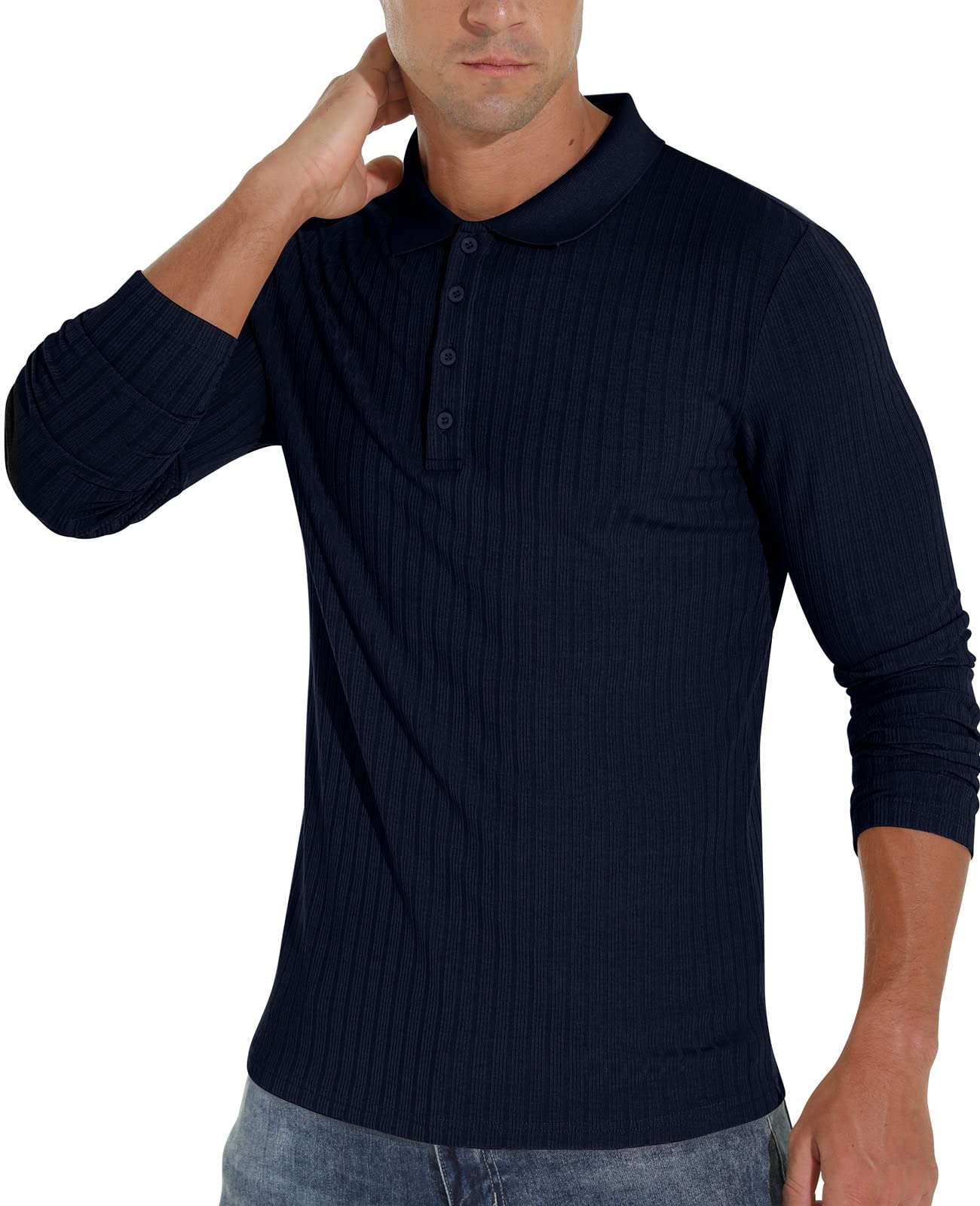 Askdeer Men's Polo Shirts Long Sleeve Slim Fit Casual Shirts Classic Stretch Polo T Shirt Golf Shirts Navy Blue