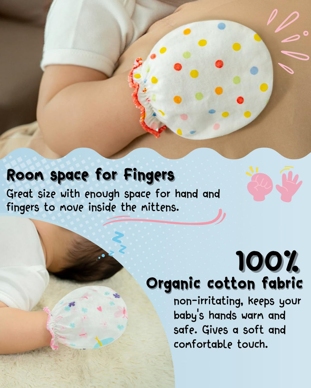 RATIVE Baby Mittens Gloves No Scratch Organic Cotton for Newborn 0-6 Months Baby Essentials Must Haves for Boys Girls (6 Pairs/g46)