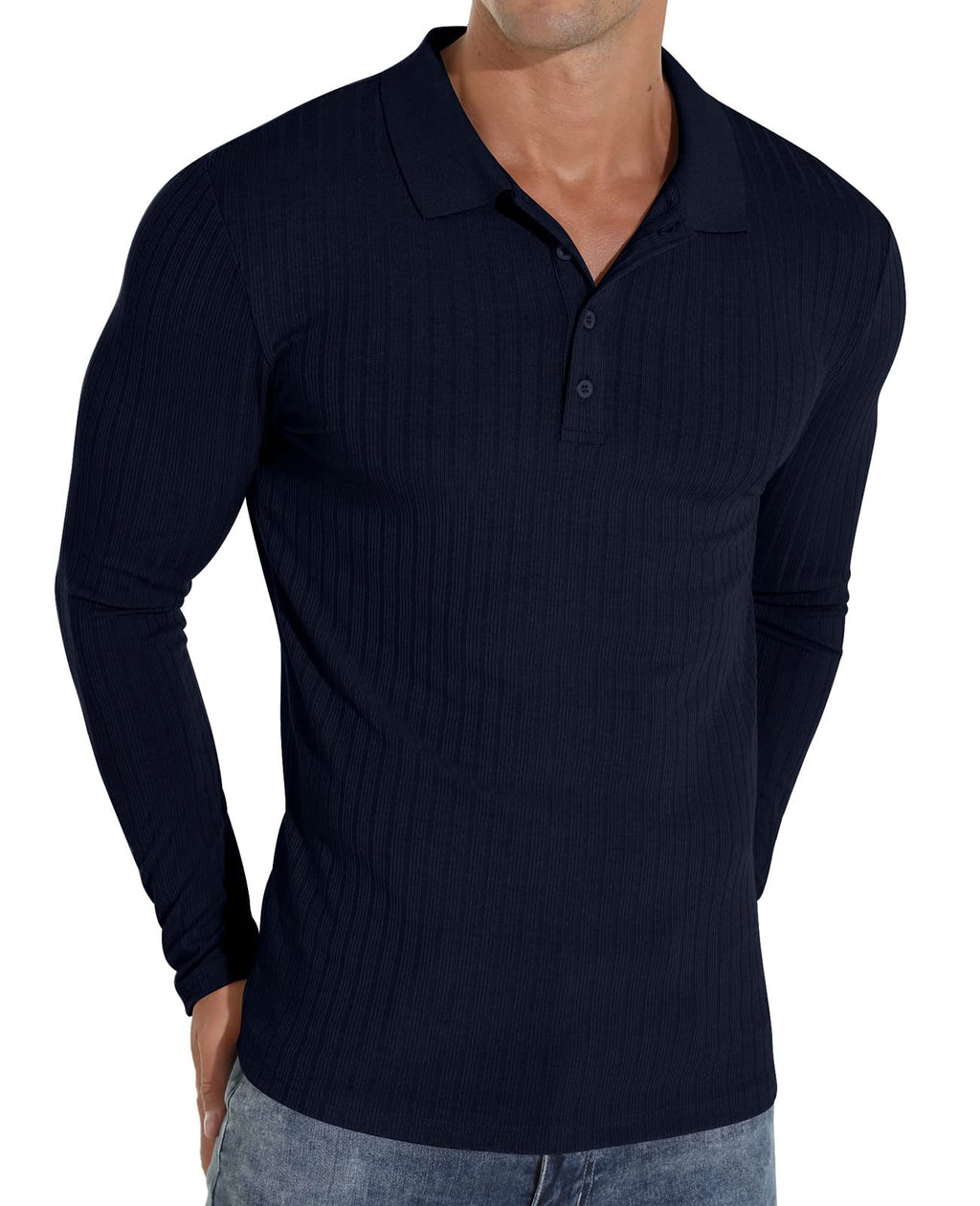 Askdeer Men's Polo Shirts Long Sleeve Slim Fit Casual Shirts Classic Stretch Polo T Shirt Golf Shirts Navy Blue