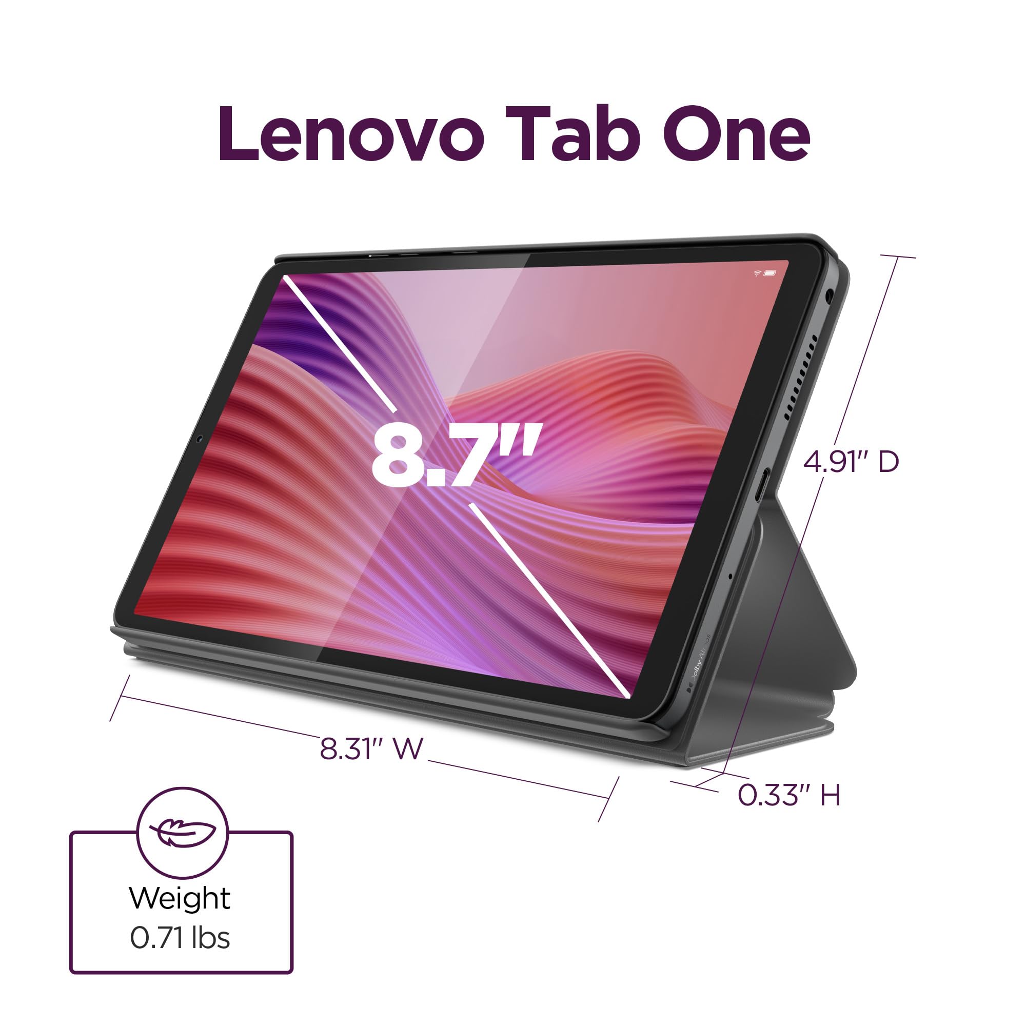 Lenovo Tab One - Lightweight Tablet - up to 12.5 Hours of YouTube Streaming - 8.7" HD Display - 4 GB Memory - 64 GB Storage - MediaTek Helio G85 - Includes Folio Case