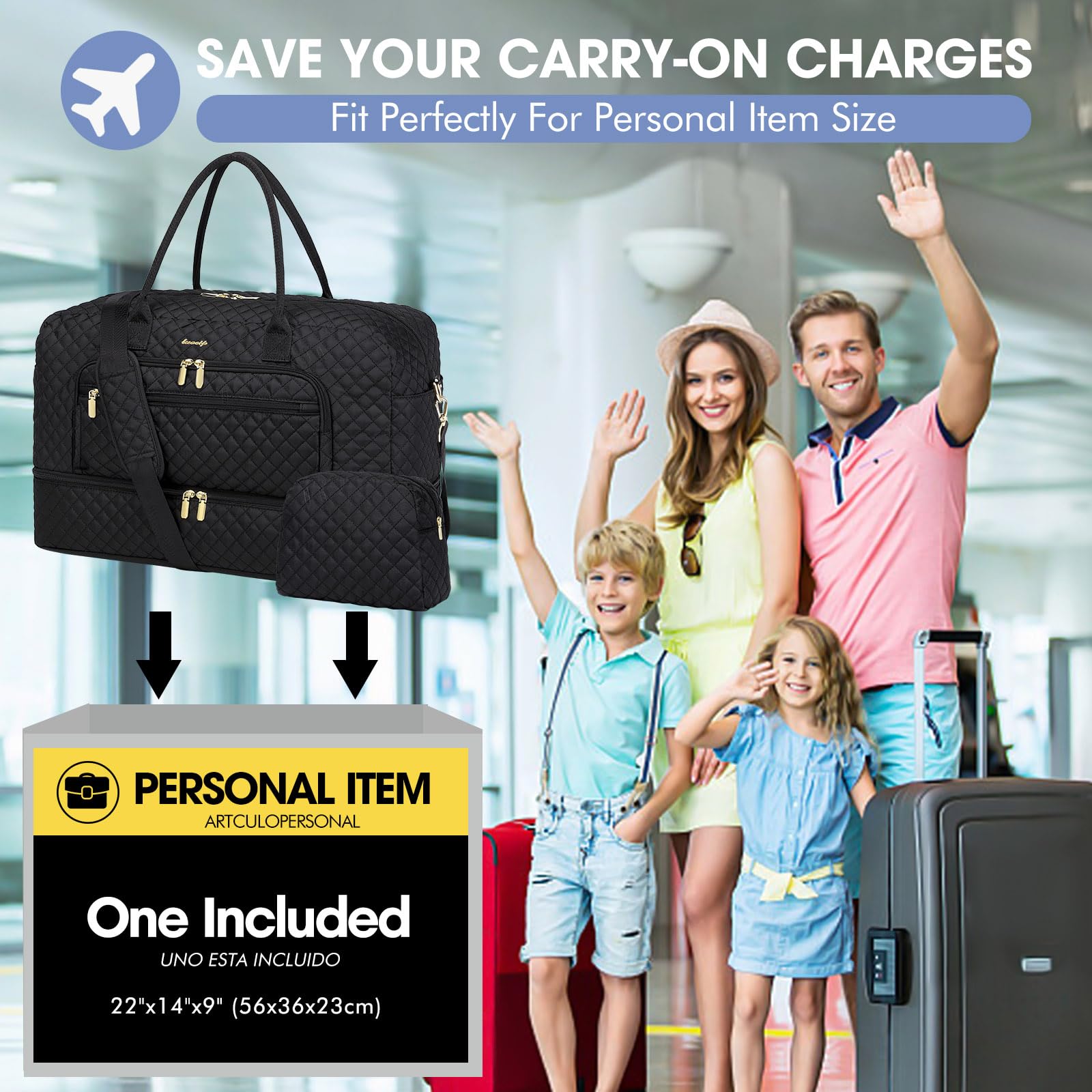 LUOCIP Large Women Travel Duffle Bag, Carry on Bag with Wet Toiletry Pocket for Overnight, Weekend, Yoga, Gym, Business Trips, Sport and Hospital, Black