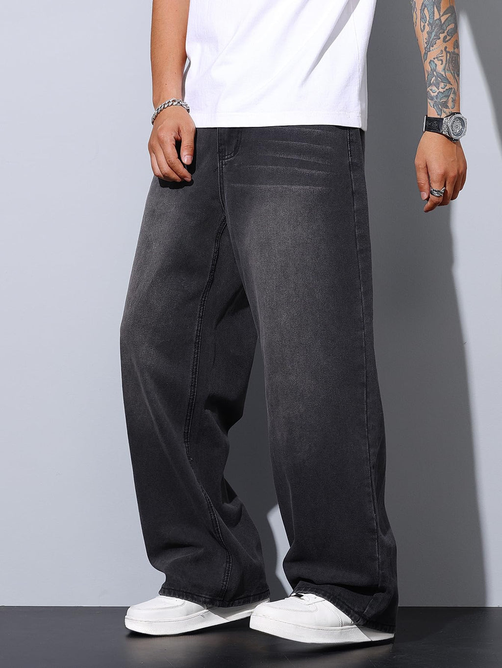 QGRSWBC Men's Baggy Jeans Wide Leg Hip Hop Pants Vintage Loose Fit Trousers Streetwear Dark Gray L