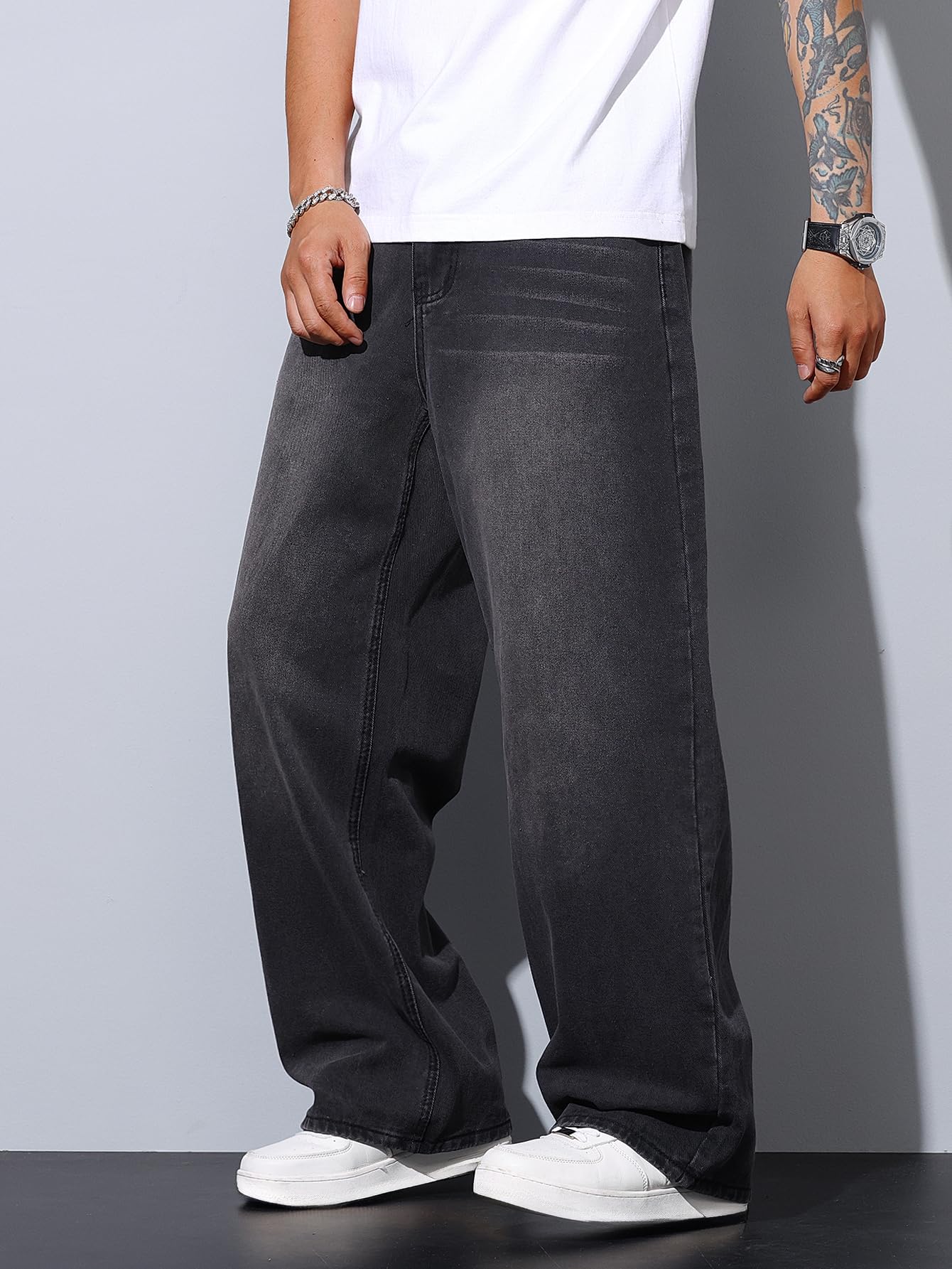 QGRSWBC Men's Baggy Jeans Wide Leg Hip Hop Pants Vintage Loose Fit Trousers Streetwear Dark Gray L