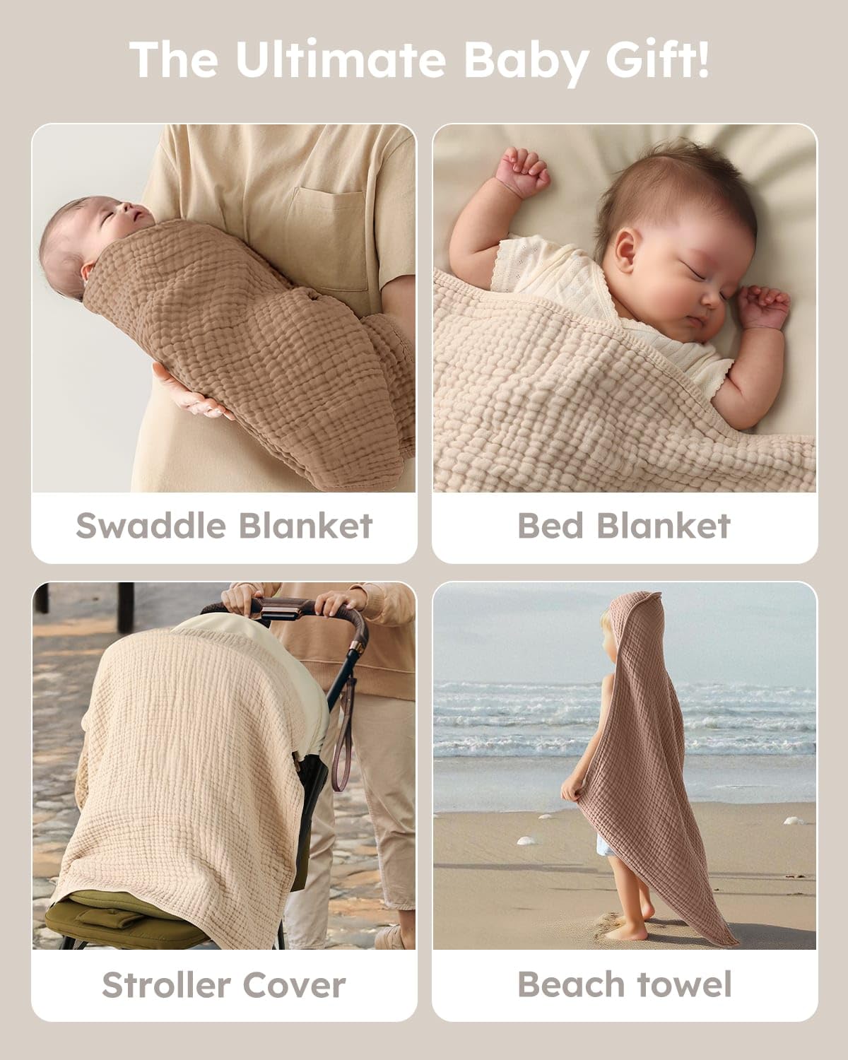 Yoofoss Hooded Baby Towels for Newborn 2 Pack 100% Muslin Organic Cotton Baby Bath Towel with Hood for Babies, Infant, Toddler and Kids, 32x32Inch, Soft and Absorbent Newborn Essential, Beige&Coffee