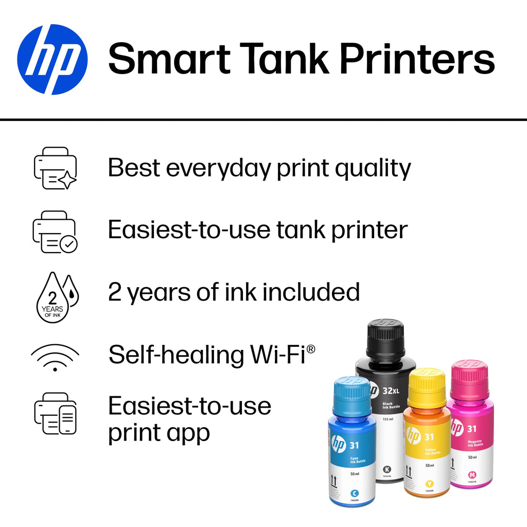 HP Smart Tank 5101 Wireless All-in-One Refillable Ink Tank Printer, Scanner, Copier with 2 years of Ink included, Wireless printer for home use (1F3Y0A)