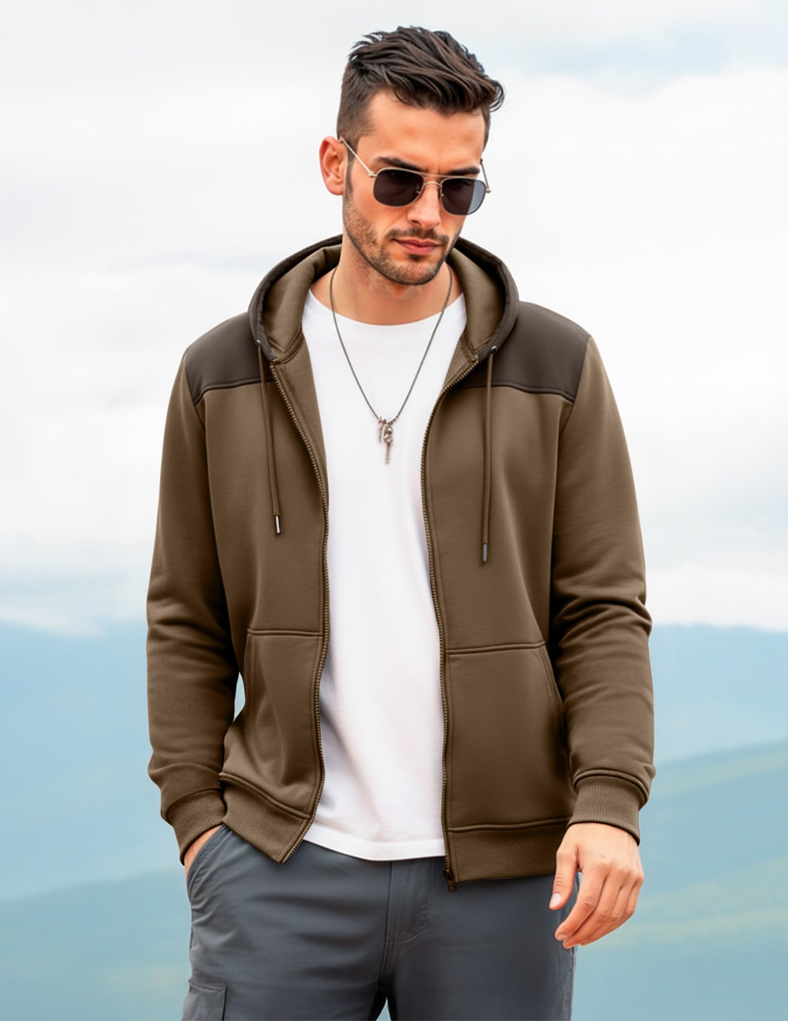 JMIERR Men's Casual Full Zip Up Hoodie 2025 Drawstring Hiking Fall Windproof Jacket with Pockets Long Sleeve, XL, Brown