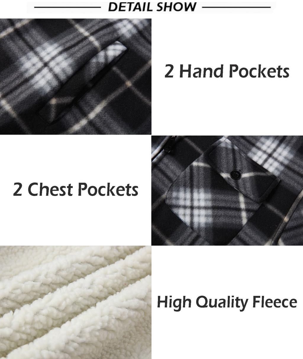 SCODI Men's Flannel Shirt Jacket Fleece Sherpa Lined Plaid Jackets Coat Full Zip Up Hoodie Winter Outwear Black White Large