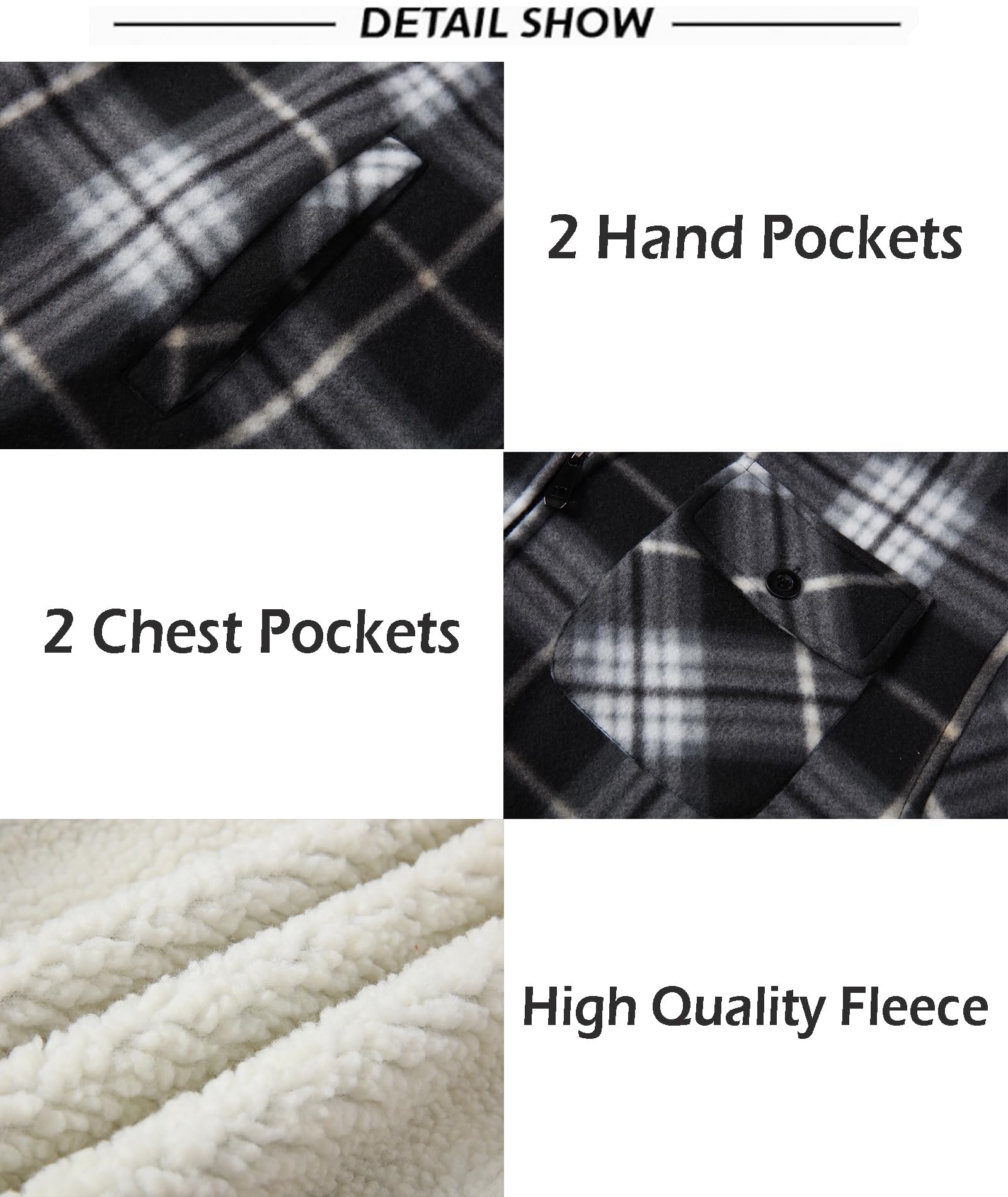 SCODI Men's Flannel Shirt Jacket Fleece Sherpa Lined Plaid Jackets Coat Full Zip Up Hoodie Winter Outwear Black White Large