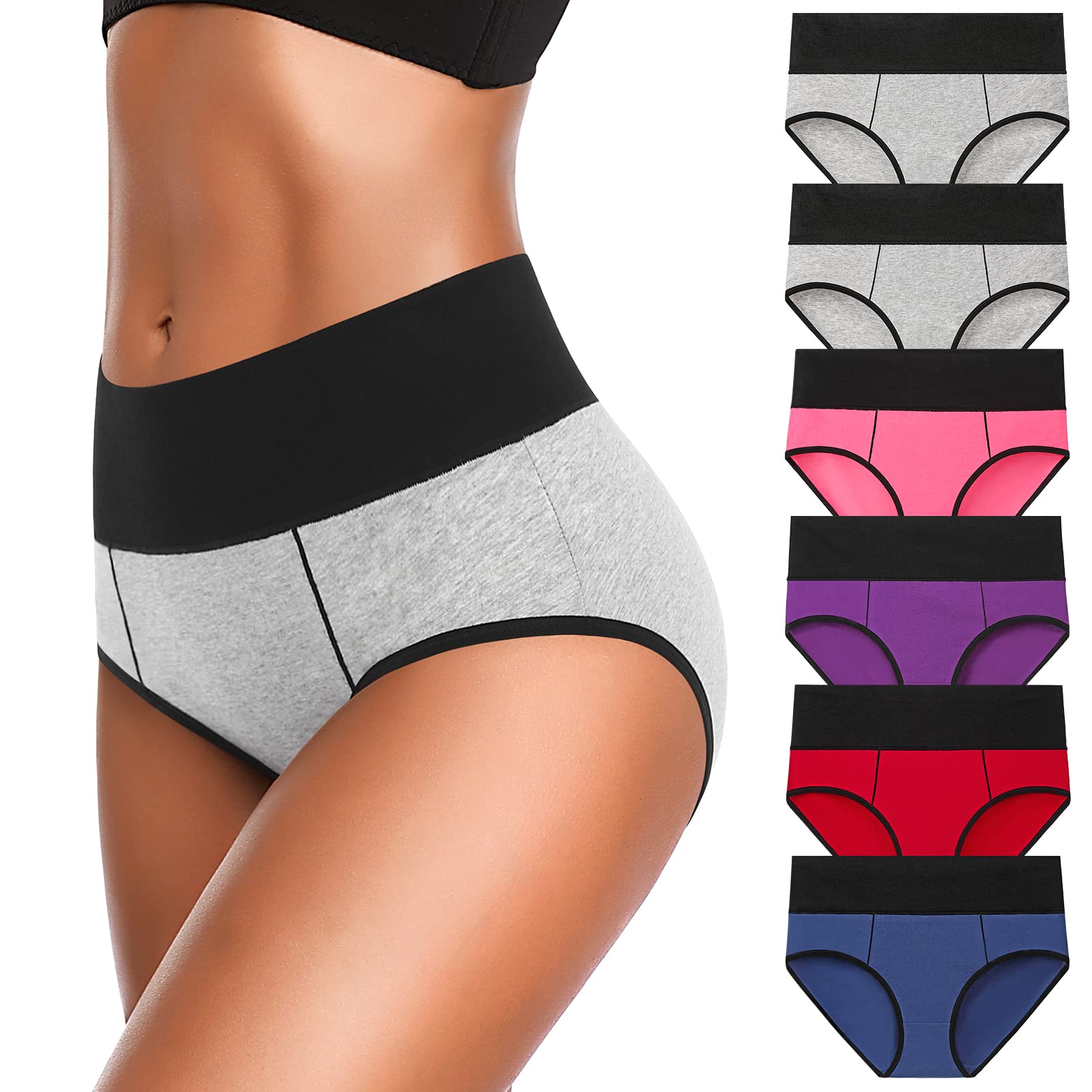 Eiggam Underwear for Women, Women's High Waist Cotton Underwear Soft Breathable Panties Stretch Briefs, Tummy Control Panties, X-Large, 6-Pack