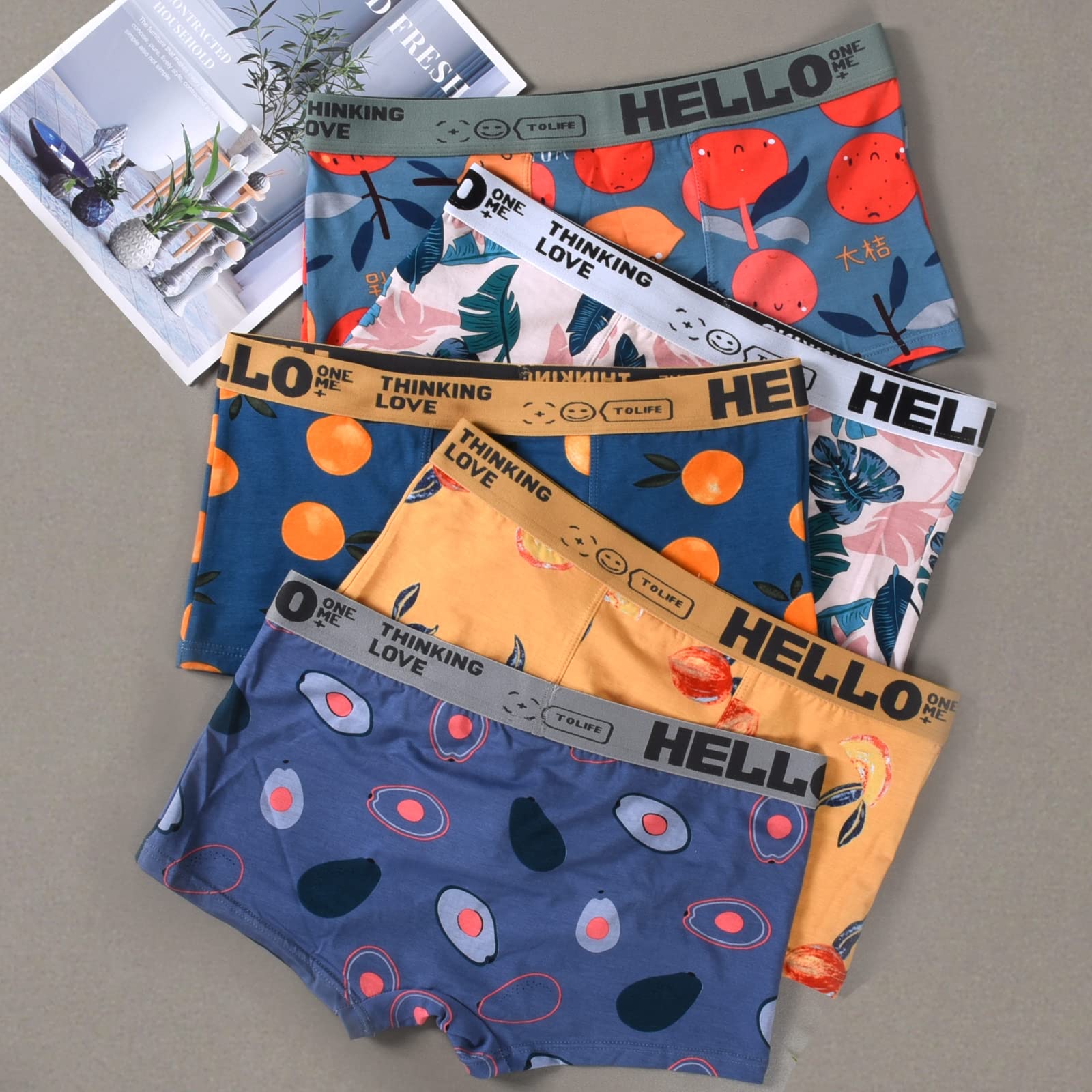 HUOPAOSHUO Underwear for Men Breathable Trunks Underwear Soft Friut Pattern Boxer Briefs Pack of 5 colour L