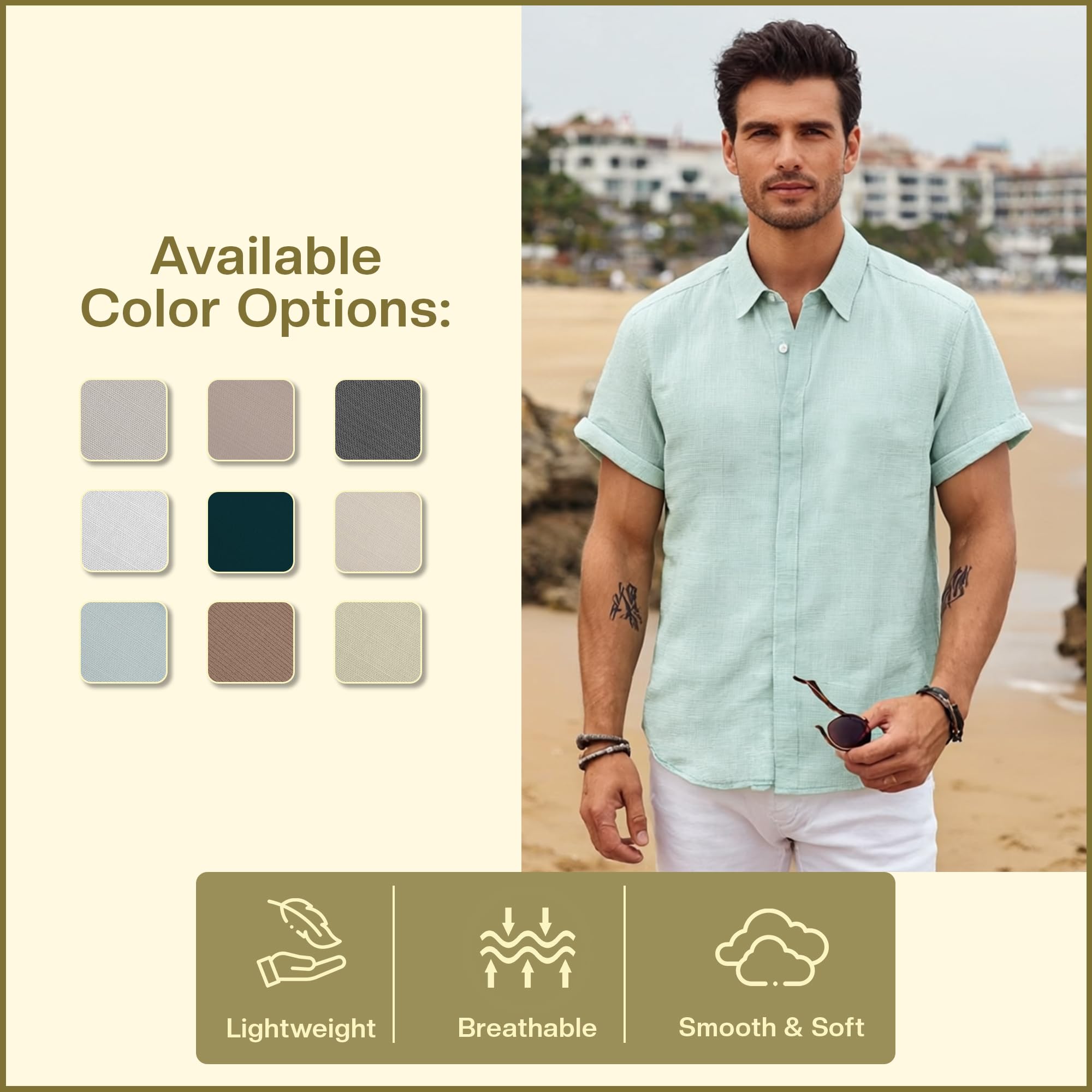 Linen Cotton Button Down Shirt for Men - Men Shirts Short Sleeve - Men's Shirt for Beach Wear - Mens Summer Wear - Aqua - (3XL)