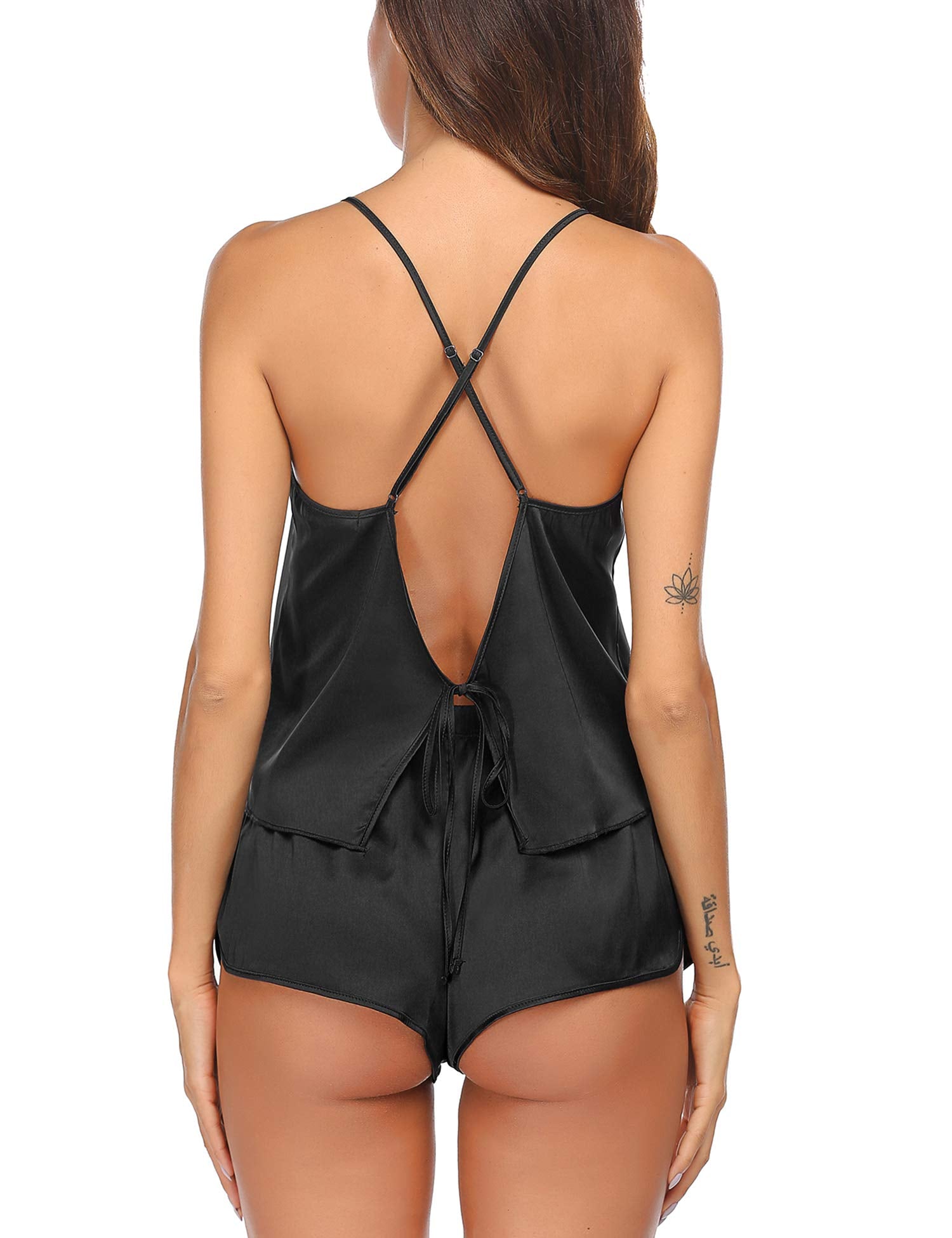 Ekouaer Silk Pajamas Set for Women Satin Backless Lingerie Pjs Cami Top and Shorts Nightwear Black