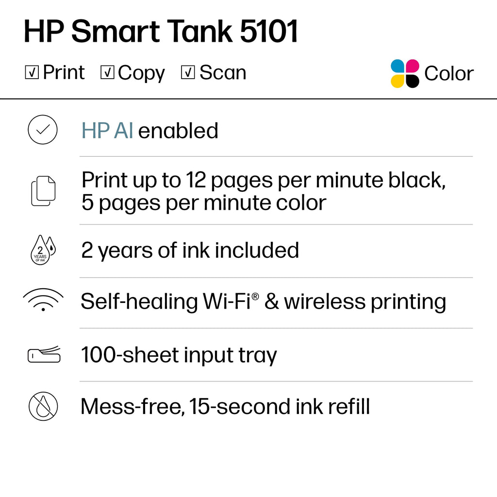 HP Smart Tank 5101 Wireless All-in-One Refillable Ink Tank Printer, Scanner, Copier with 2 years of Ink included, Wireless printer for home use (1F3Y0A)