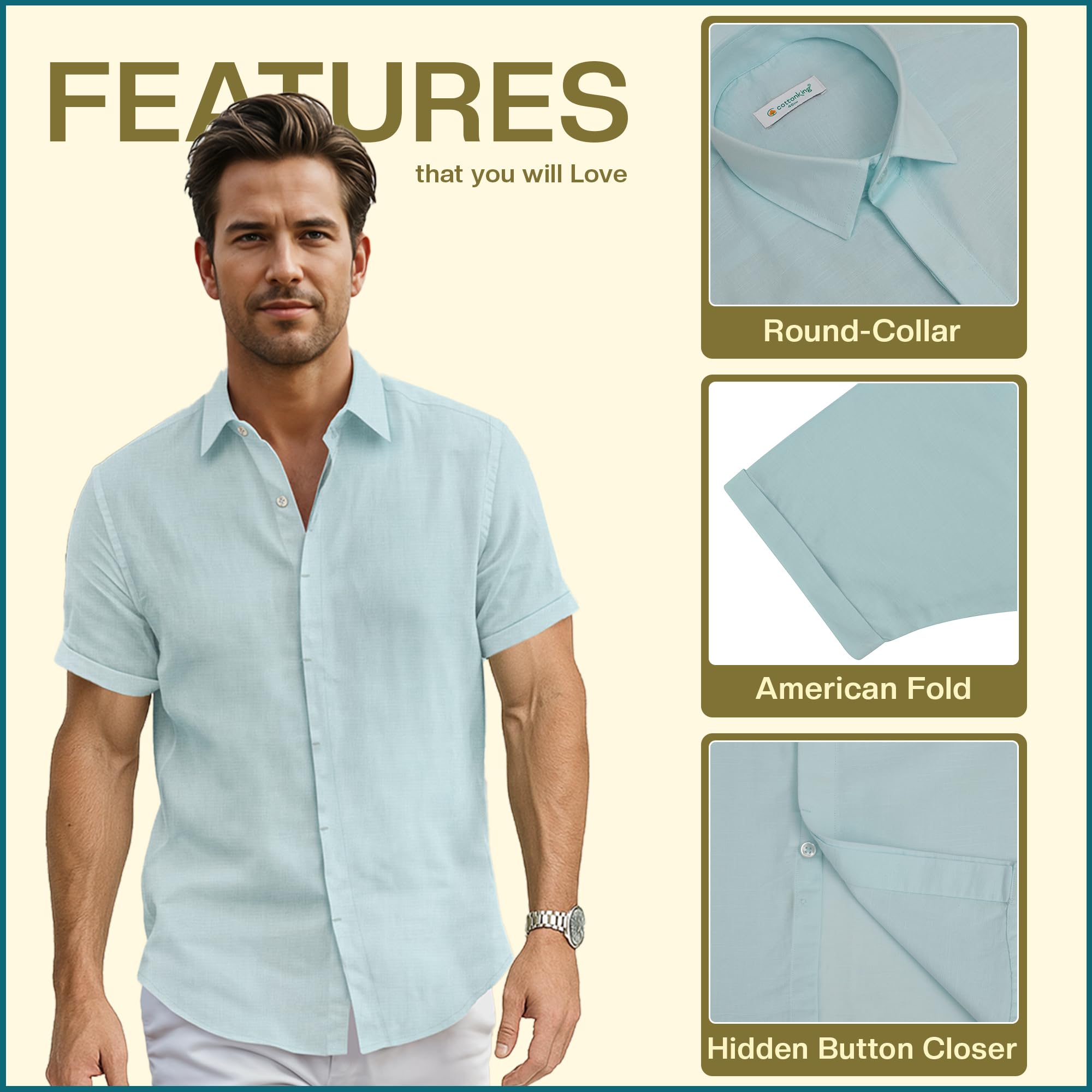 Linen Cotton Button Down Shirt for Men - Men Shirts Short Sleeve - Men's Shirt for Beach Wear - Mens Summer Wear - Aqua - (3XL)