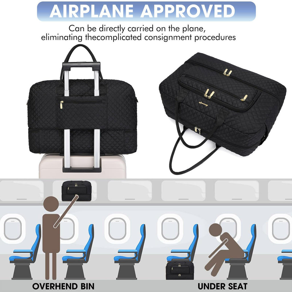 LUOCIP Large Women Travel Duffle Bag, Carry on Bag with Wet Toiletry Pocket for Overnight, Weekend, Yoga, Gym, Business Trips, Sport and Hospital, Black