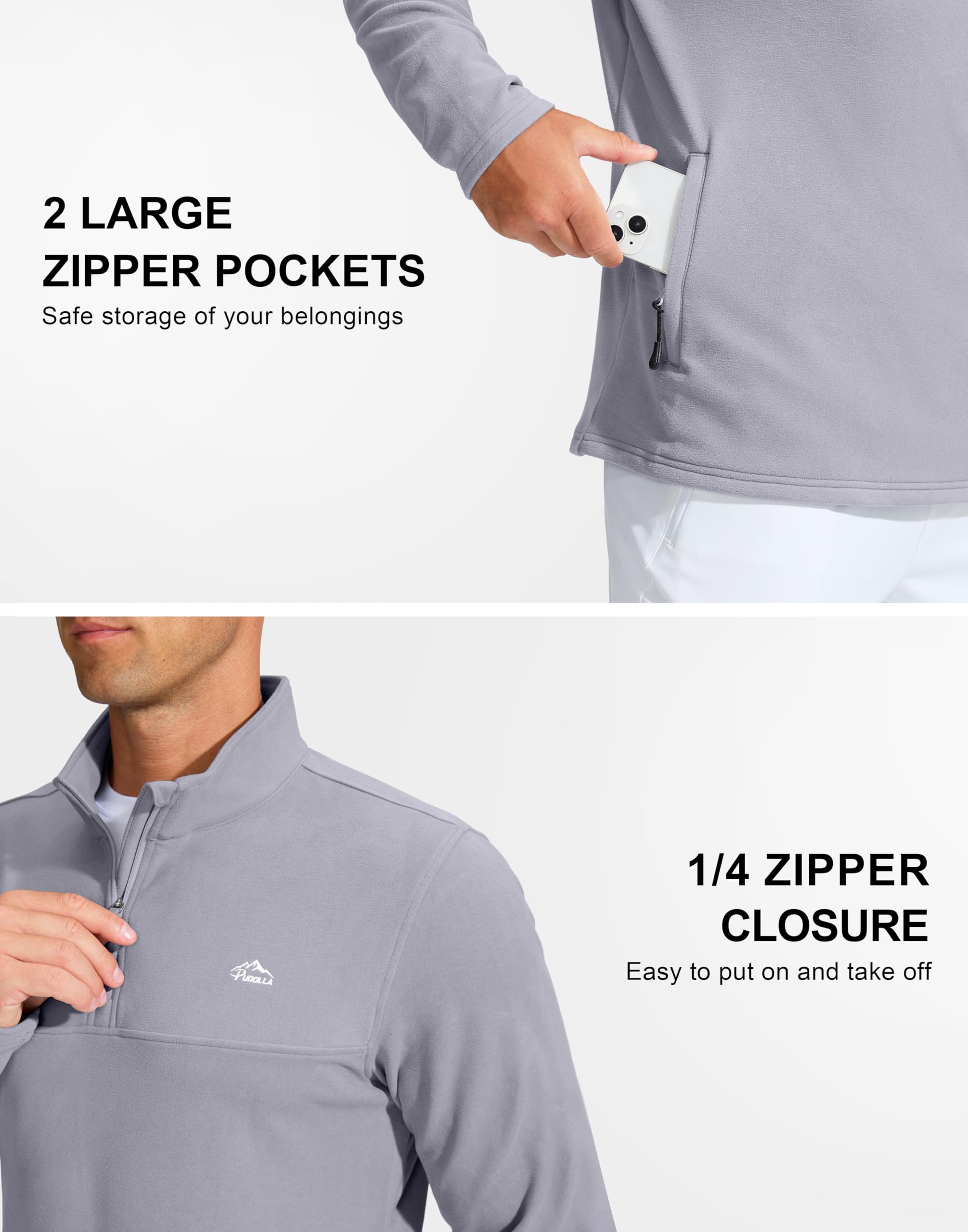 Pudolla Golf 1/4 Zip Pullover Men Midweight Casual Fleece Sweatshirt Winter Track Sportswear(Light Grey L