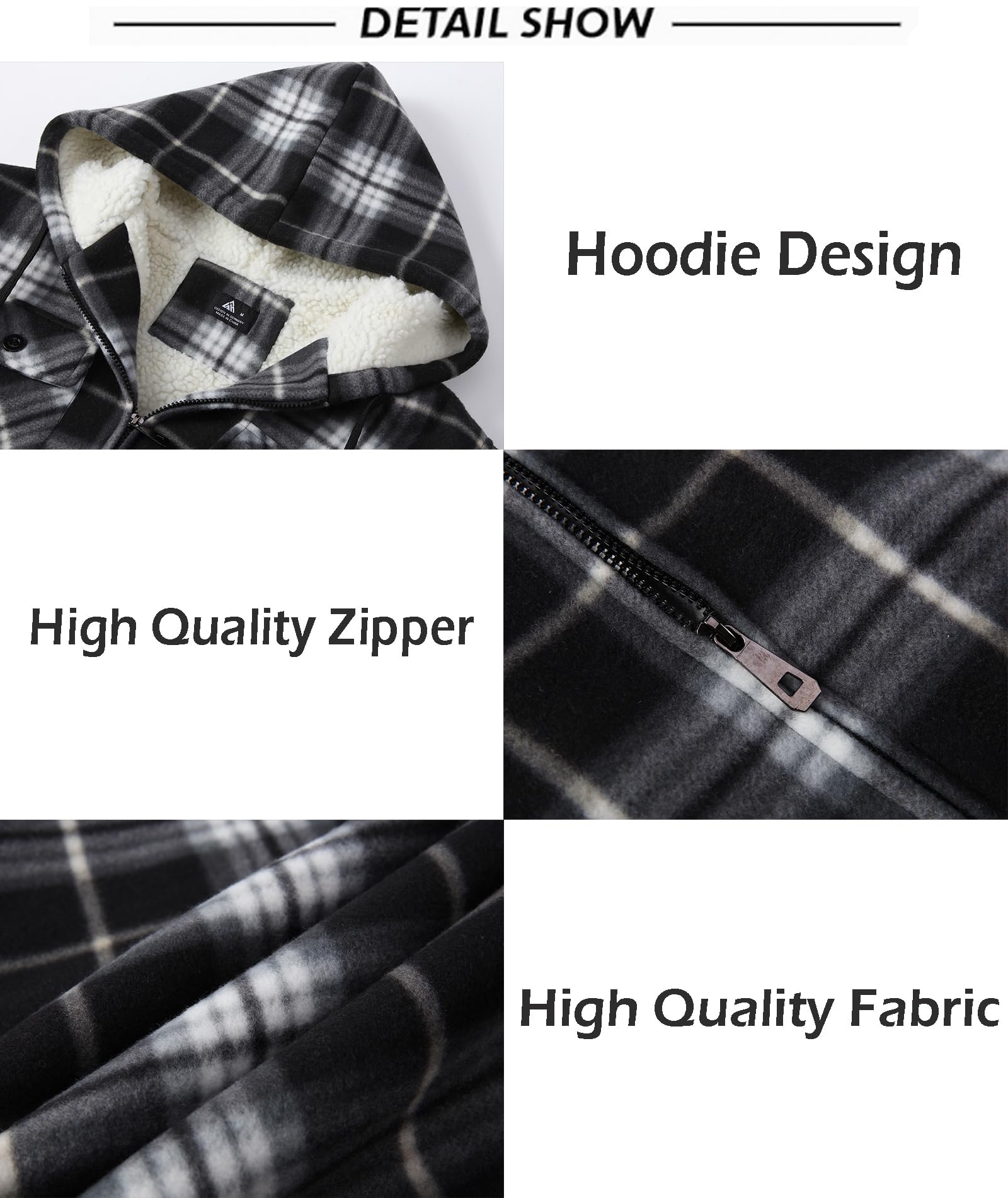 SCODI Men's Flannel Shirt Jacket Fleece Sherpa Lined Plaid Jackets Coat Full Zip Up Hoodie Winter Outwear Black White Large