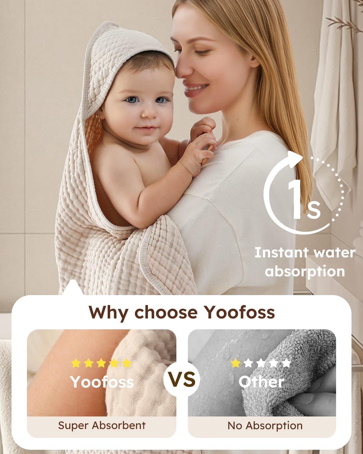 Yoofoss Hooded Baby Towels for Newborn 2 Pack 100% Muslin Organic Cotton Baby Bath Towel with Hood for Babies, Infant, Toddler and Kids, 32x32Inch, Soft and Absorbent Newborn Essential, Beige&Coffee