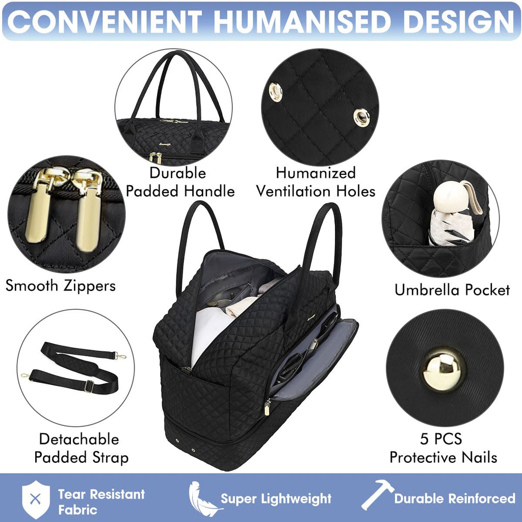 LUOCIP Large Women Travel Duffle Bag, Carry on Bag with Wet Toiletry Pocket for Overnight, Weekend, Yoga, Gym, Business Trips, Sport and Hospital, Black