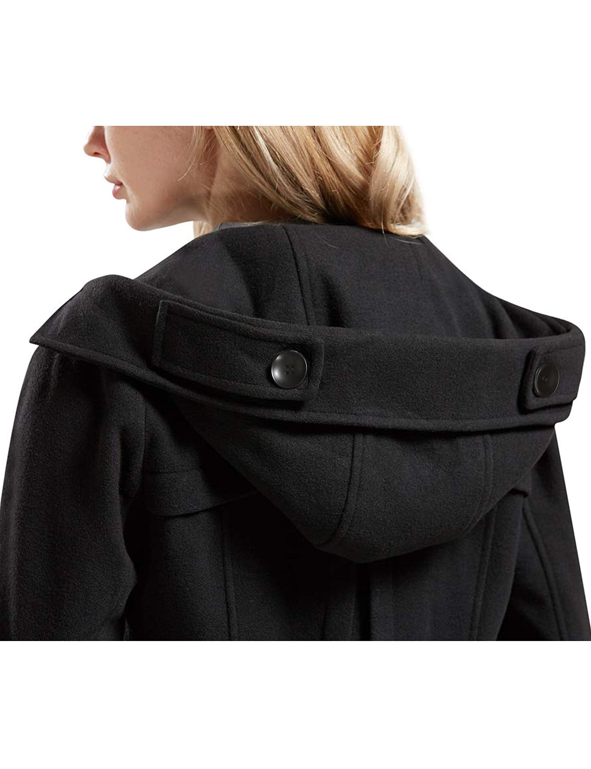 Tanming Women's Warm Double Breasted Wool Pea Coat Trench Coat Jacket with Hood (Black-M)