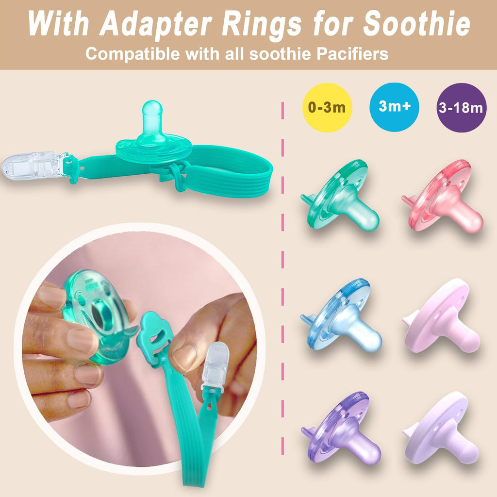 Silicone Pacifier Clip with Adapter Ring for Philips Avent Soothie, 2 Pack One-Piece Soft Binky Clips Holder for Baby Boys Girls, Newborn Baby Essentials for Teething Relief Toys Baby Shower