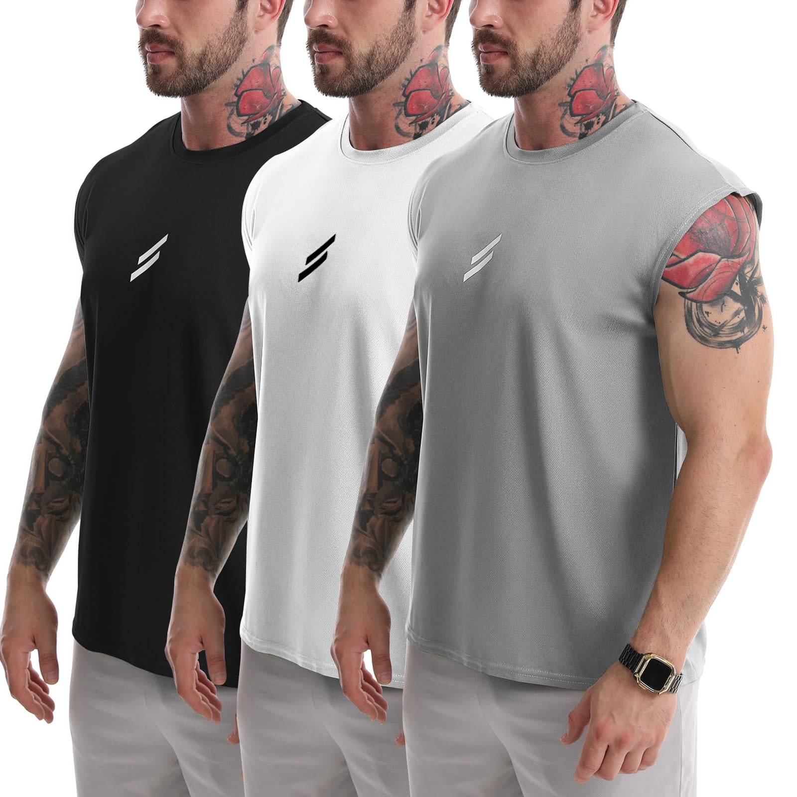 LSLXYWZX Men's Tank Tops 3 Pack Sleeveless Workout Mesh Material Quick Dry Athletic Running Gym Muscle Beach Fitness Shirts (US, Alpha, Medium, Regular, Regular, Black+White+Gray)