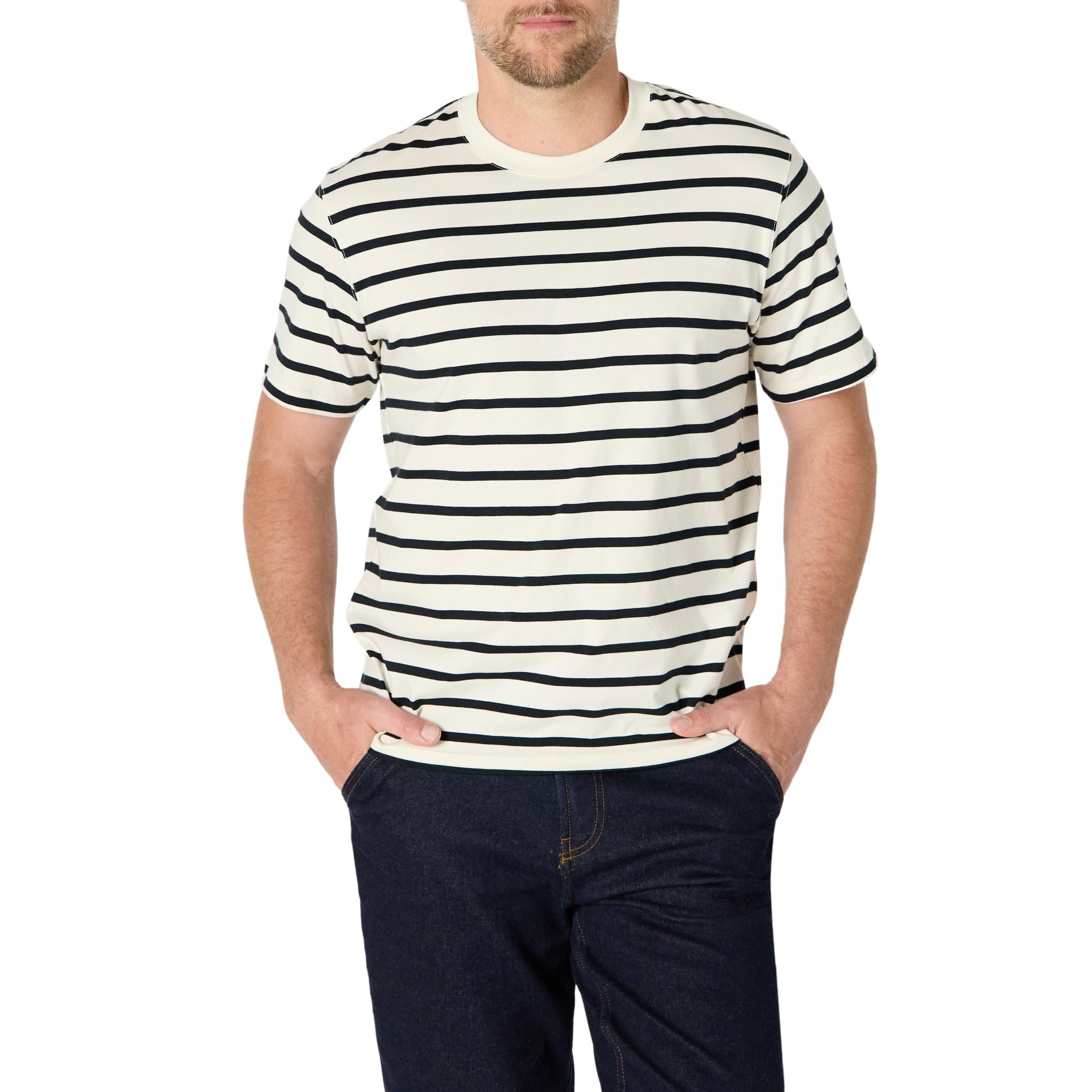 Amazon Essentials Men's Relaxed Fit T-Shirt, Eggshell White Black Mariner Stripe, Large