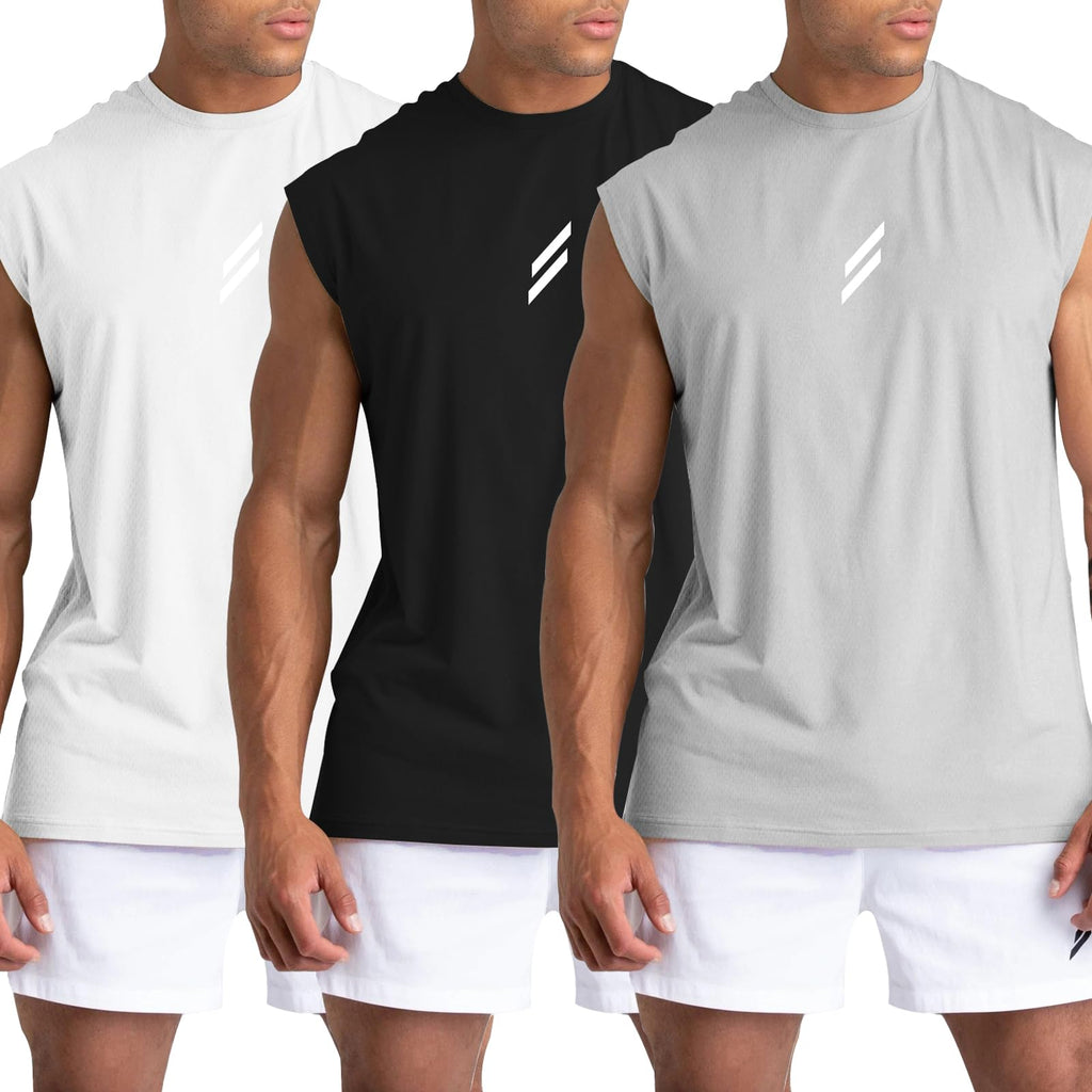 LSLXYWZX Men's Tank Tops 3 Pack Sleeveless Workout Mesh Material Quick Dry Athletic Running Gym Muscle Beach Fitness Shirts (US, Alpha, Medium, Regular, Regular, Black+White+Gray)