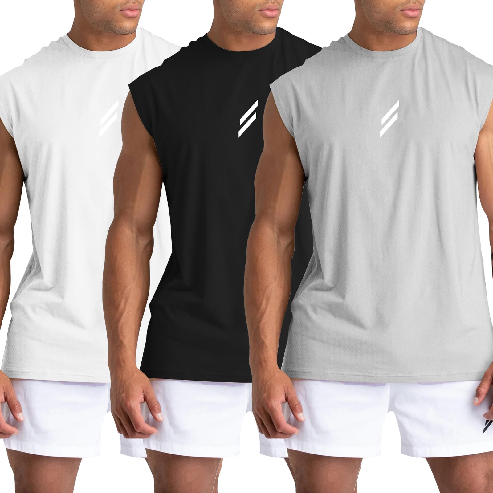 LSLXYWZX Men's Tank Tops 3 Pack Sleeveless Workout Mesh Material Quick Dry Athletic Running Gym Muscle Beach Fitness Shirts (US, Alpha, Medium, Regular, Regular, Black+White+Gray)