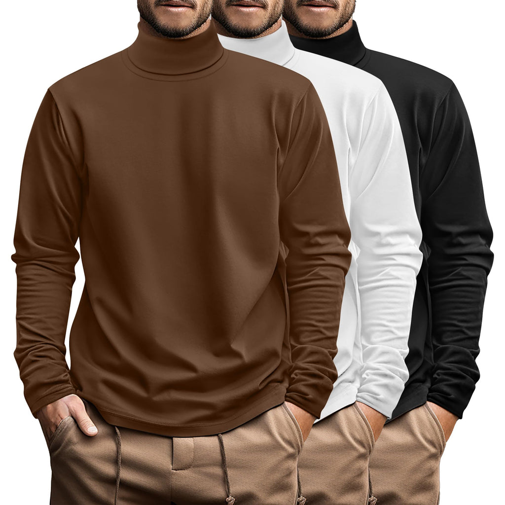 Ficerd 3 Pack Men's Big and Tall Turtleneck Shirts Cotton Long Sleeve Turtle Neck Tops Plus Size Loose Fit Basic Tee(Black, White, Brown,5X-Large)