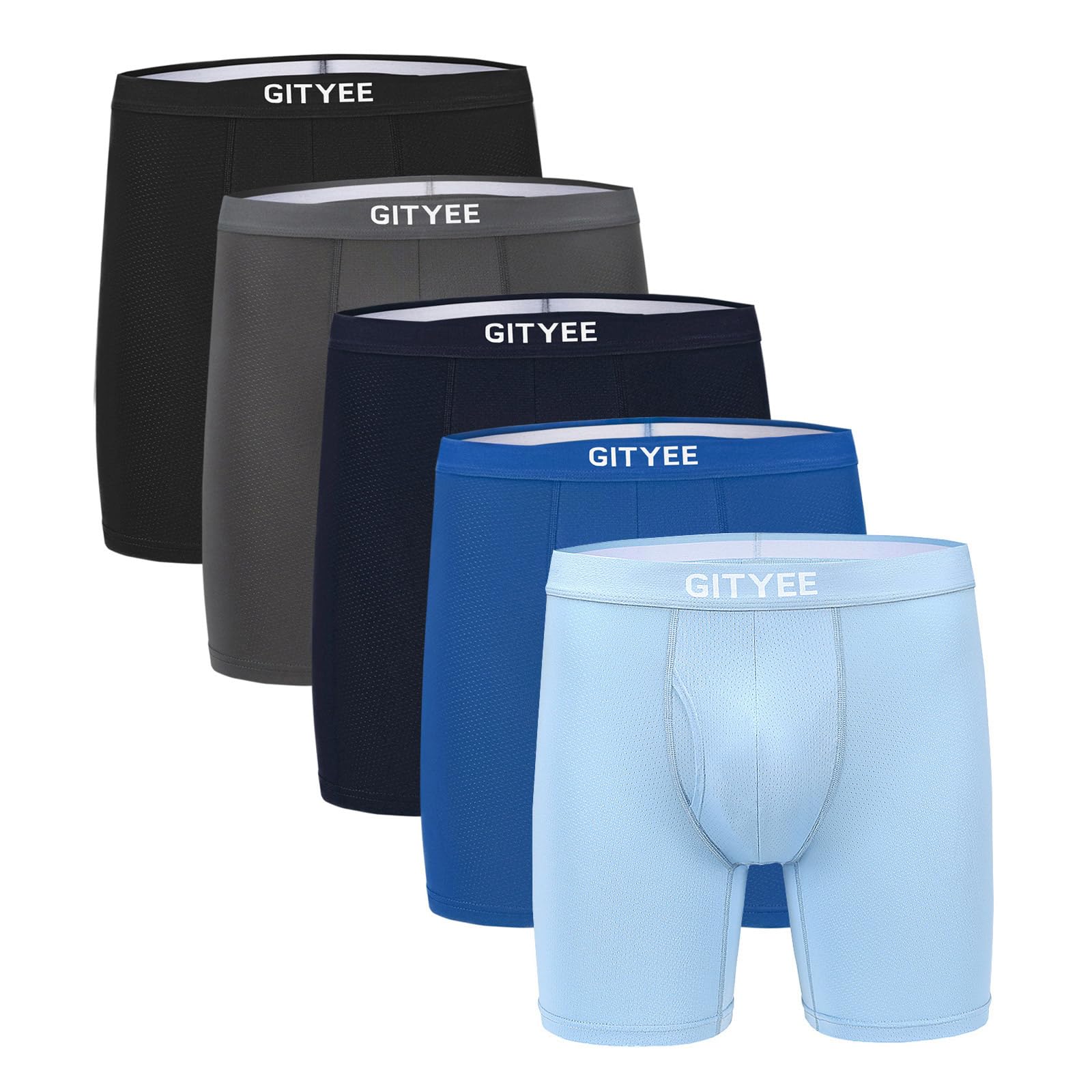 GITYEE Men's Breathable Mesh Tagless Athletic Work Underwear Boxer Briefs, Pack of 5 (X-Large, Black/Grey/Navy/Blue/Light Blue)