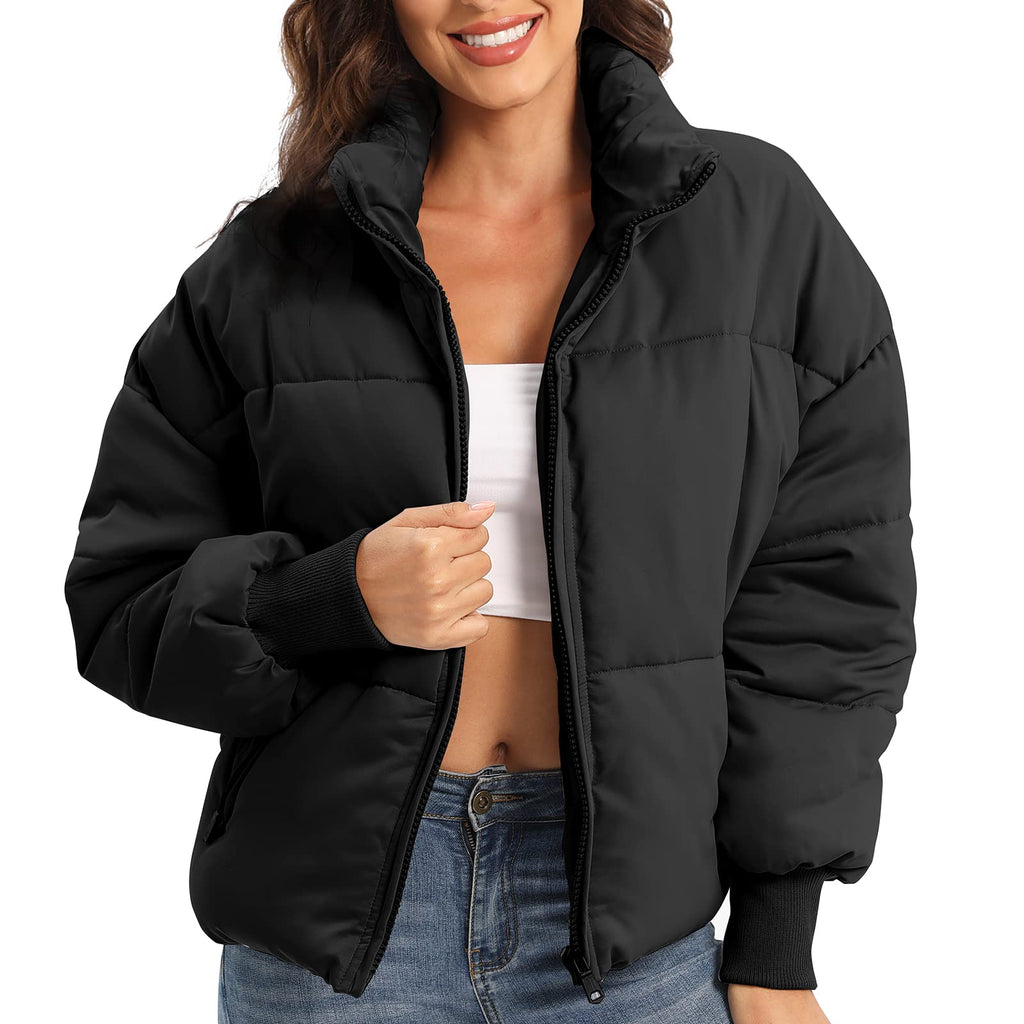 PABOPKOBI Women's Winter Coat Puffer Jacket, Quilted Down Cropped Lightweight without Hood for Snow Warm (X-Small, Black)