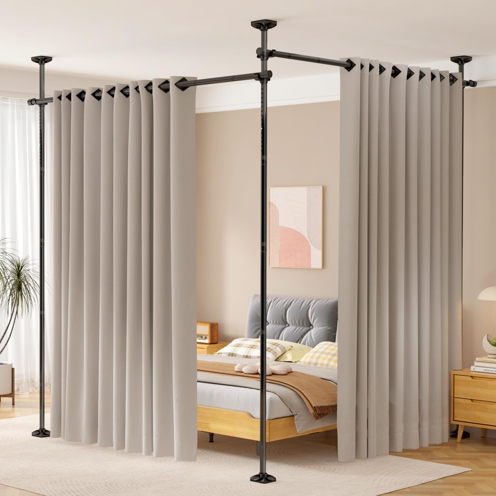 SUNALLY Room Divider No Drilling Curtain Rod Wall Divider for Room Separation, 4-10ft(H) 28-114inch(W) Adjustable, Heavy Duty Partition Space Separator Freestanding Tension Curtain Stand, Black