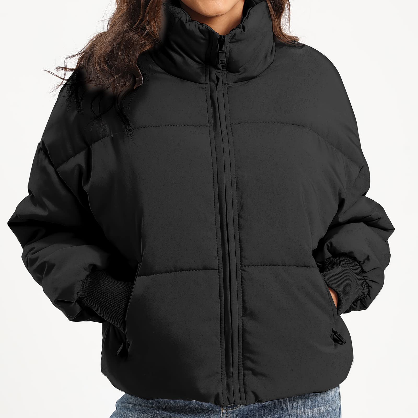 PABOPKOBI Women's Winter Coat Puffer Jacket, Quilted Down Cropped Lightweight without Hood for Snow Warm (X-Small, Black)