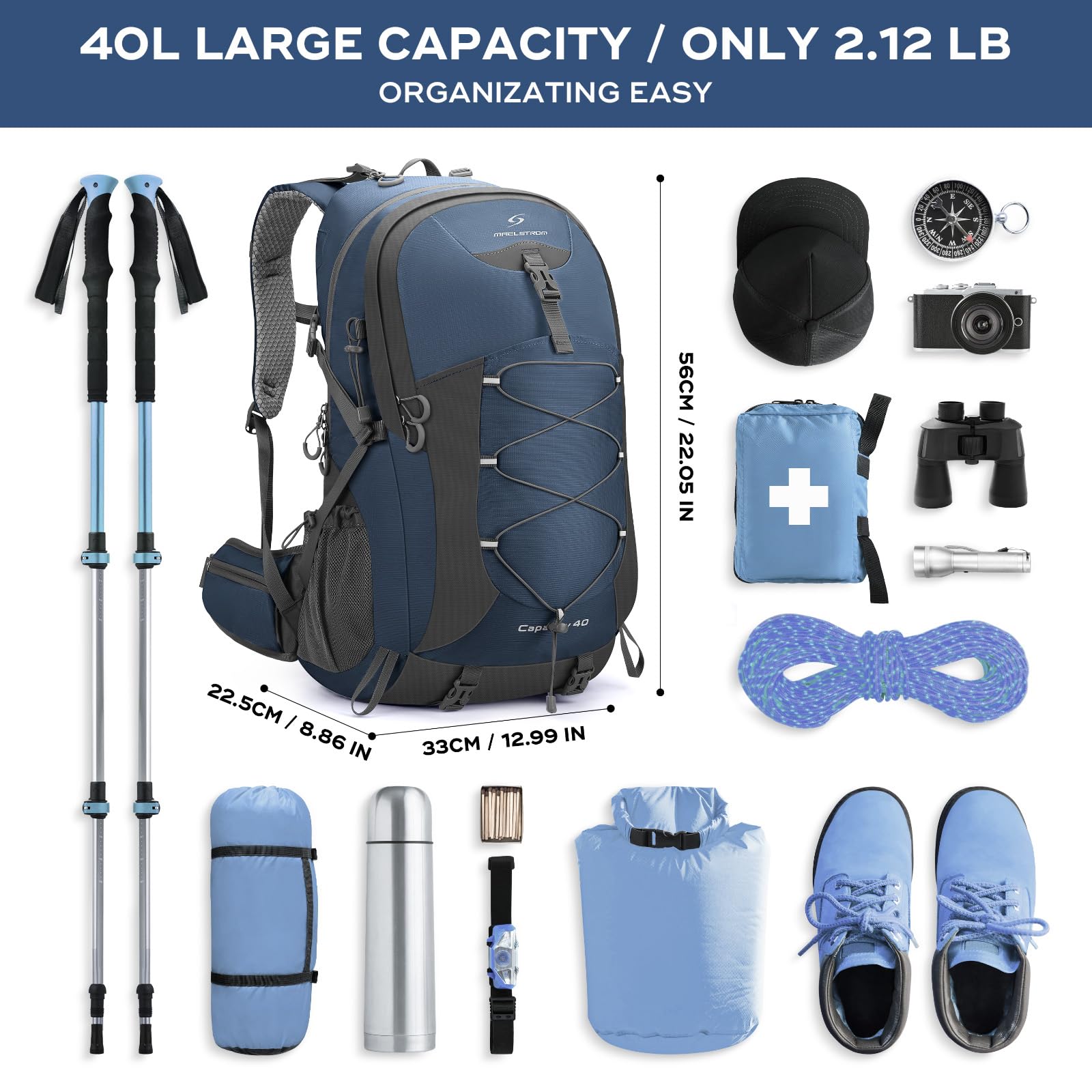 Maelstrom Hiking Backpack,Camping Backpack,40L Waterproof Hiking Daypack with Rain Cover,Lightweight Travel Backpack,Blue
