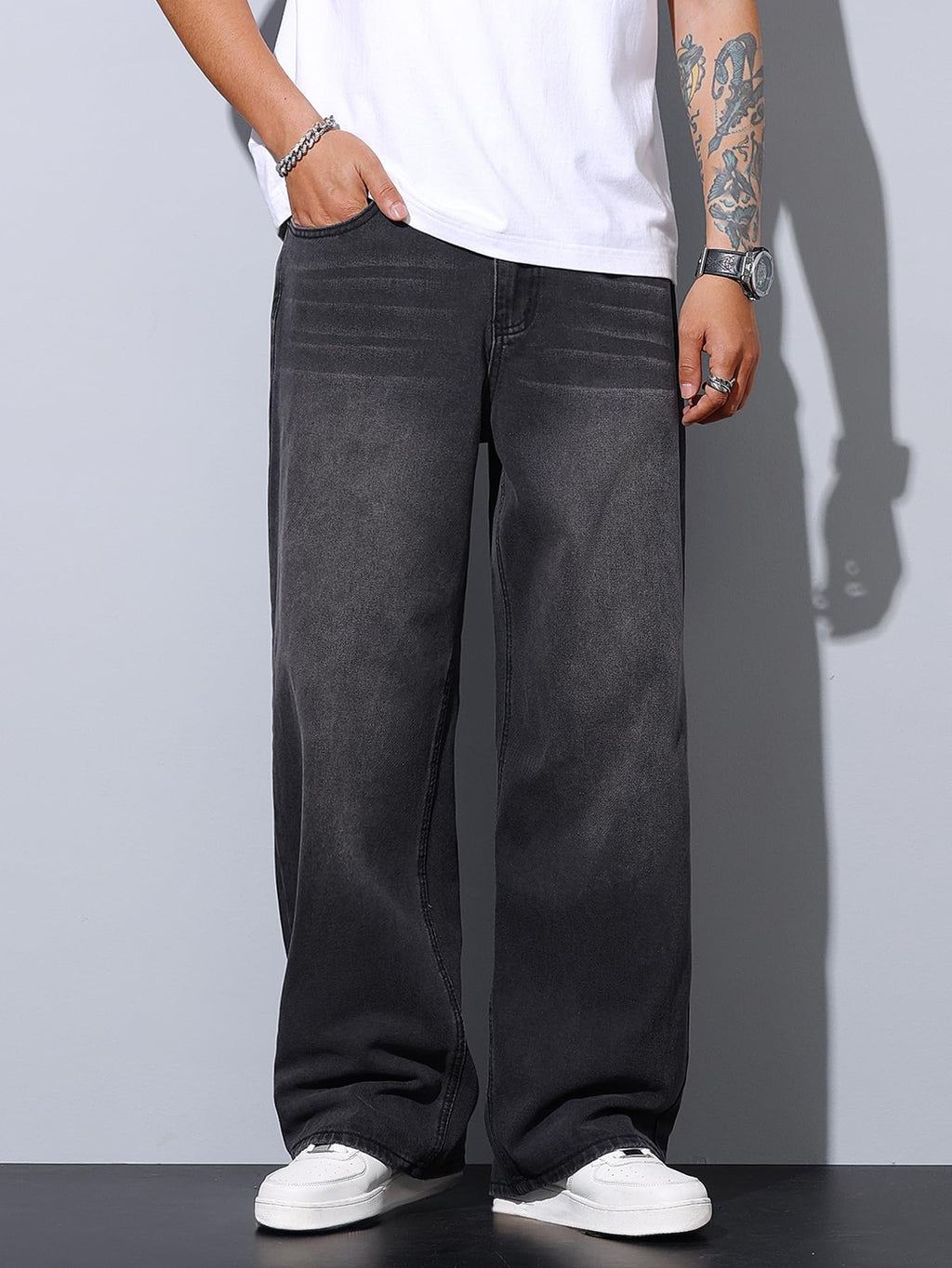 QGRSWBC Men's Baggy Jeans Wide Leg Hip Hop Pants Vintage Loose Fit Trousers Streetwear Dark Gray L