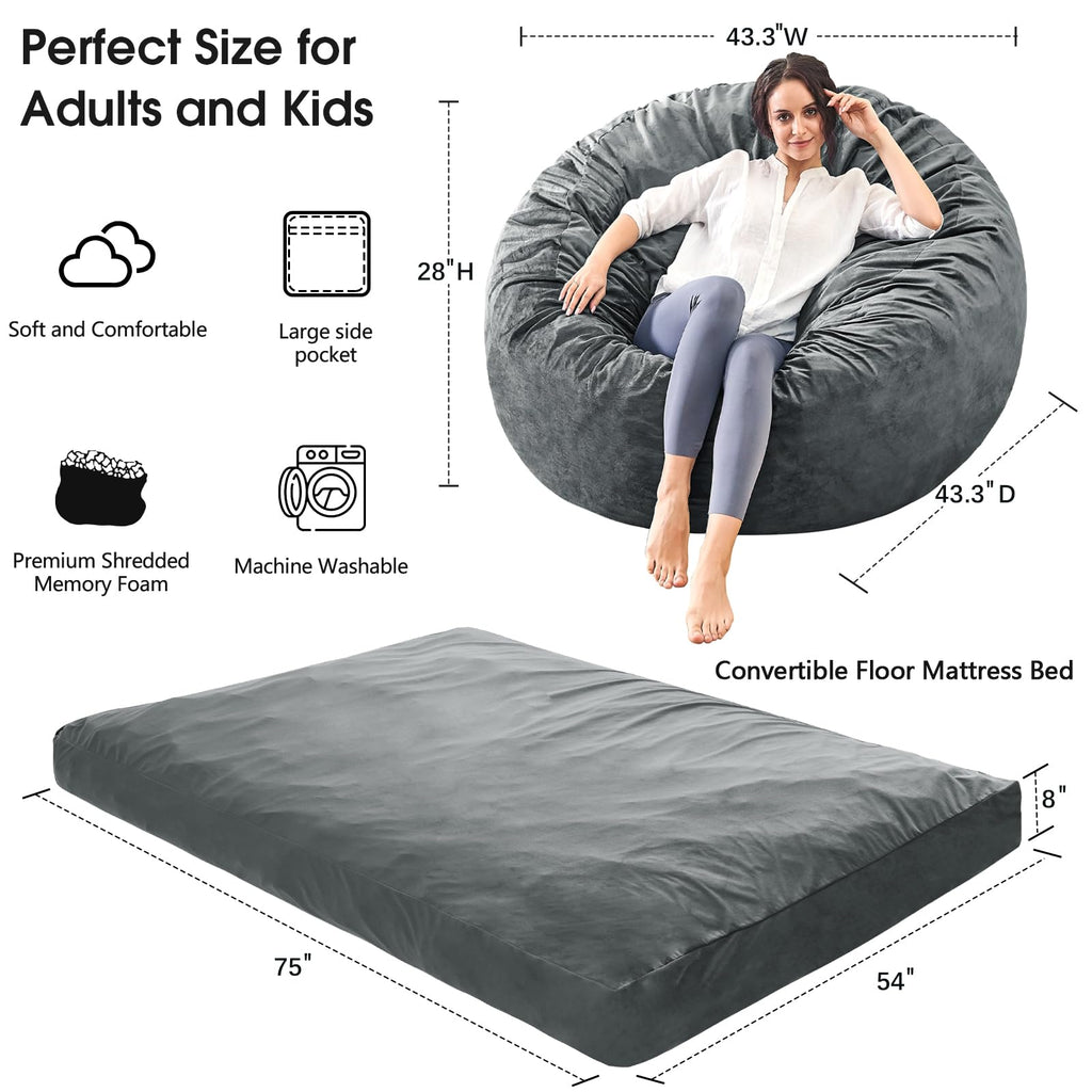 Bean Bag Chairs for Adults - Giant Bean Bag Chair Convertible Bean Bag Bed - Beanbag Chair with Micro Fiber Cover/Furniture Foam Filler - Floor Couch Sofa in Bedroom Dorm Room - Full Charcoal