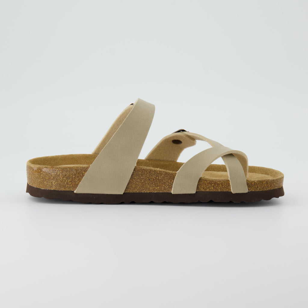 CUSHIONAIRE Luna Crossover Toe Strap Womens Sandals – Cork Footbed Slides with Adjustable Straps, Summer Sandals for Women 2025, STONE 7